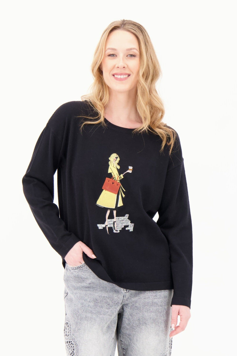 Crew Neckline Mixed Media "VIP" Applique Sweater