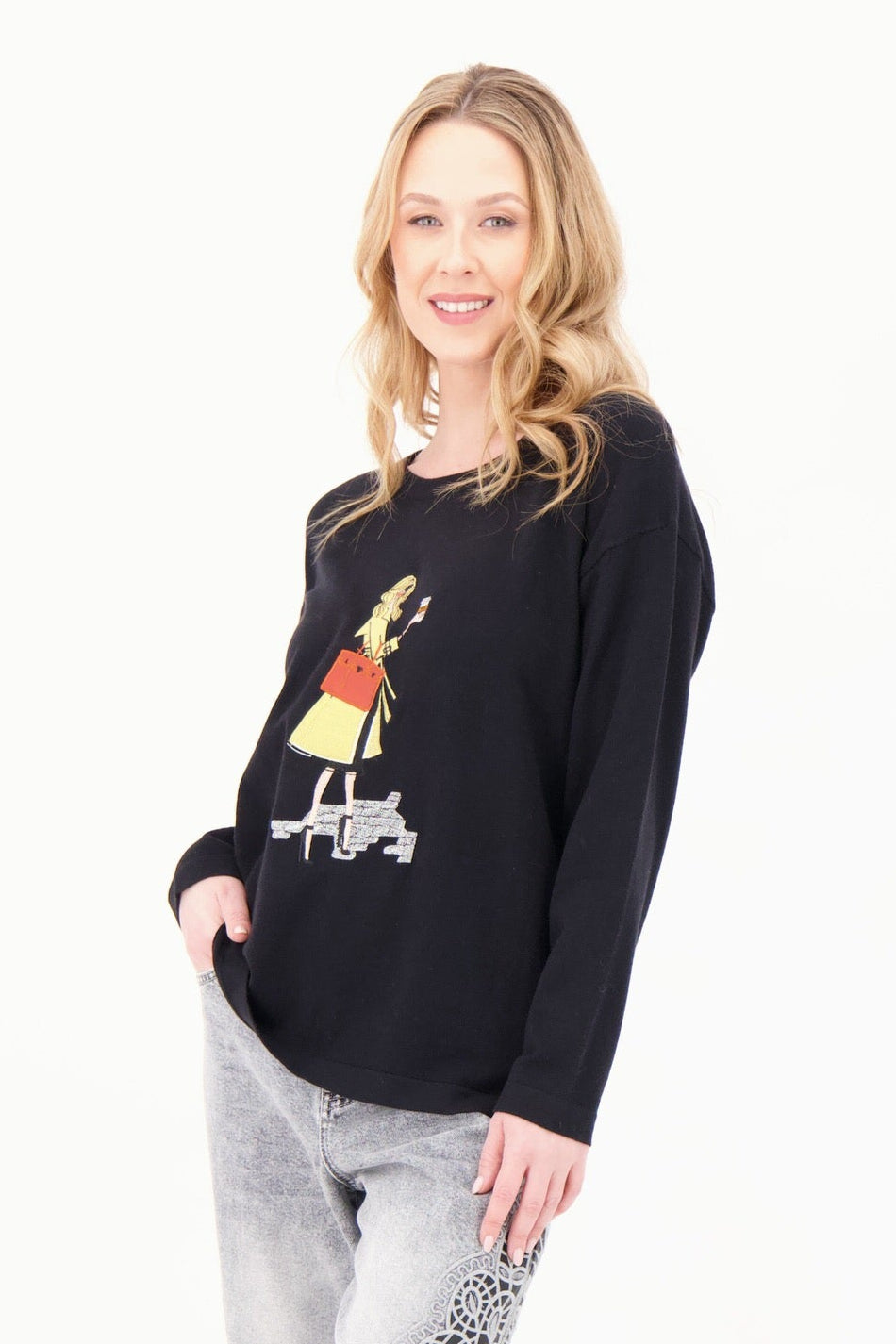 Crew Neckline Mixed Media "VIP" Applique Sweater