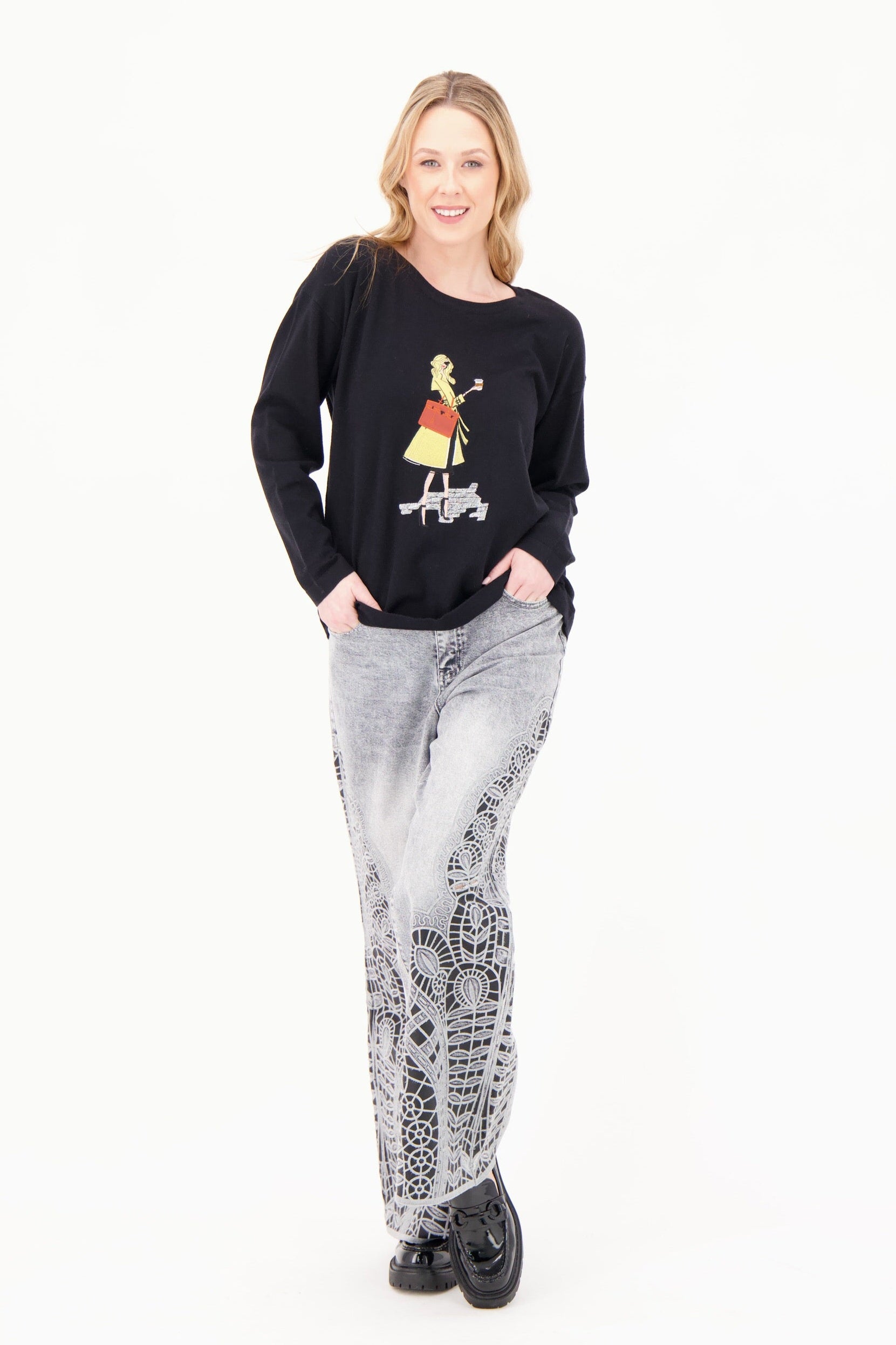 Crew Neckline Mixed Media "VIP" Applique Sweater
