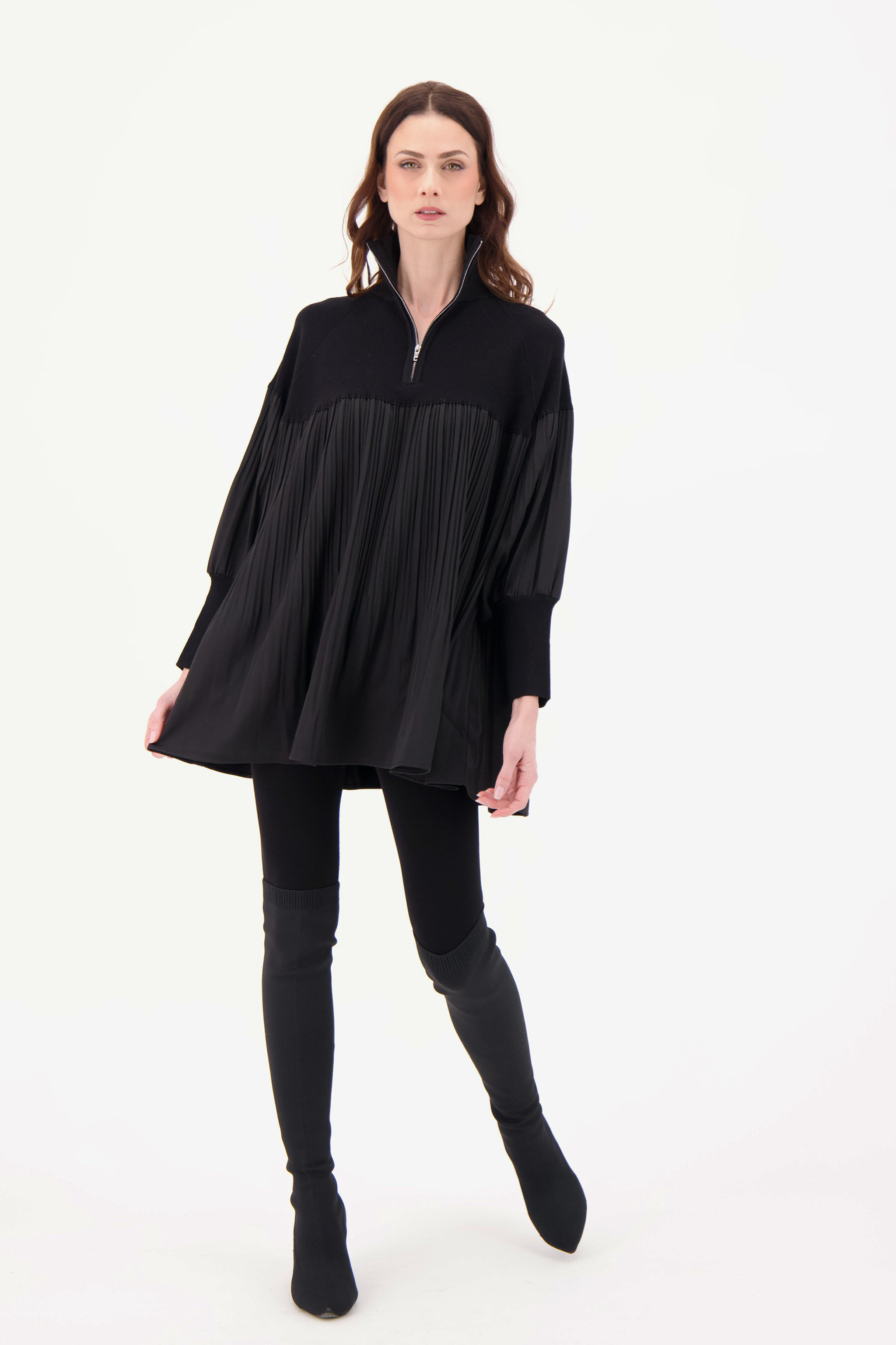 3/4 Zip Mockneck Pleated Tunic