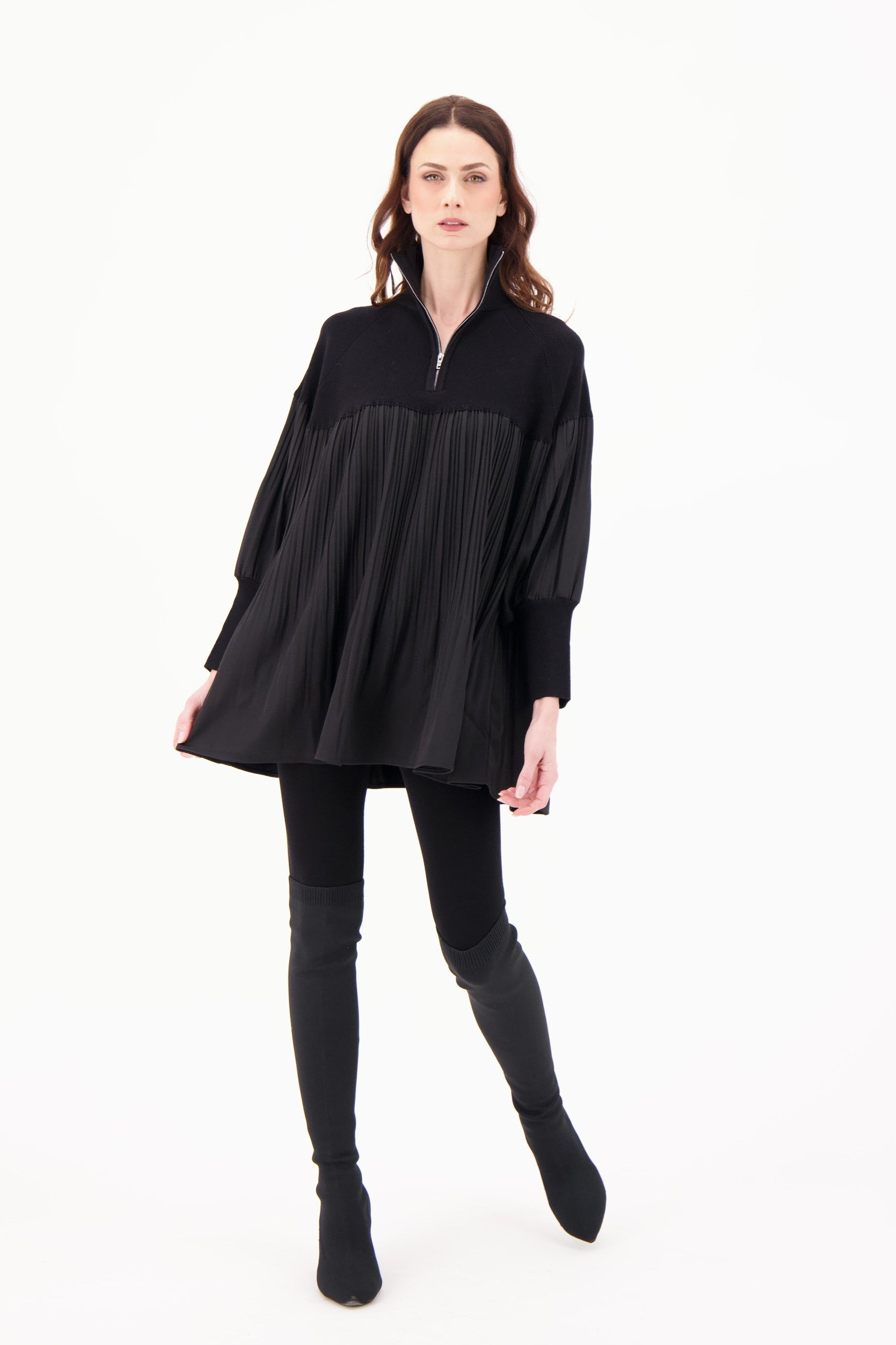 3/4 Zip Mockneck Pleated Tunic