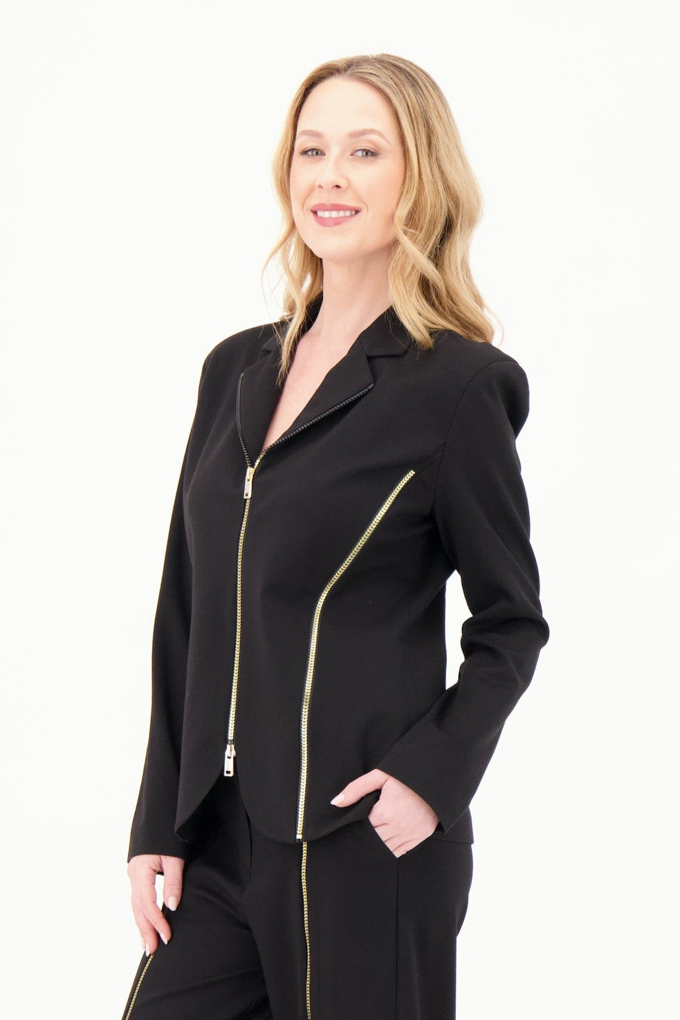 Gold 2 Way Zipper Notch Collar Blazer