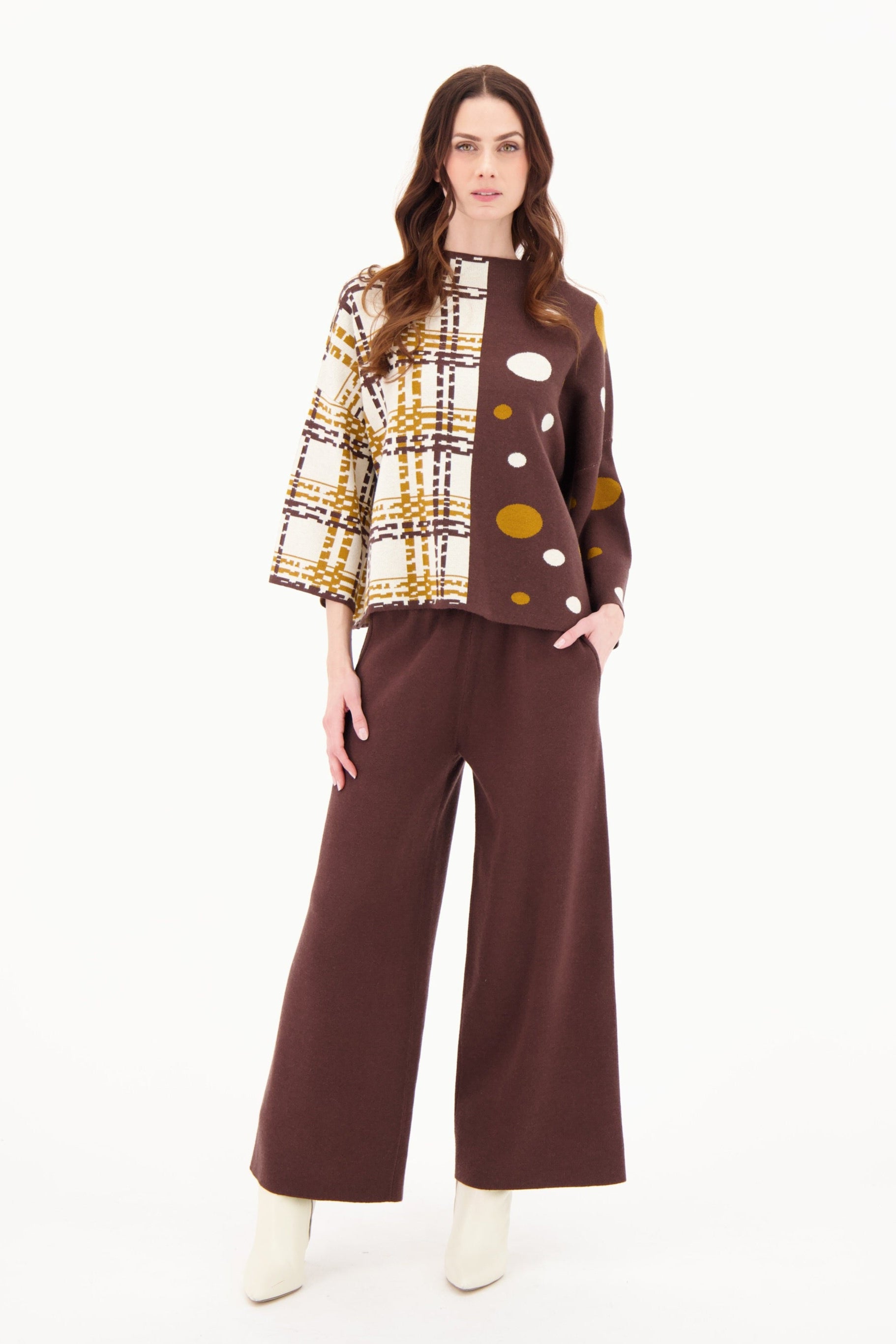 Dropped Shoulder Polkadot/Check Loose Fit Sweater Knit Top