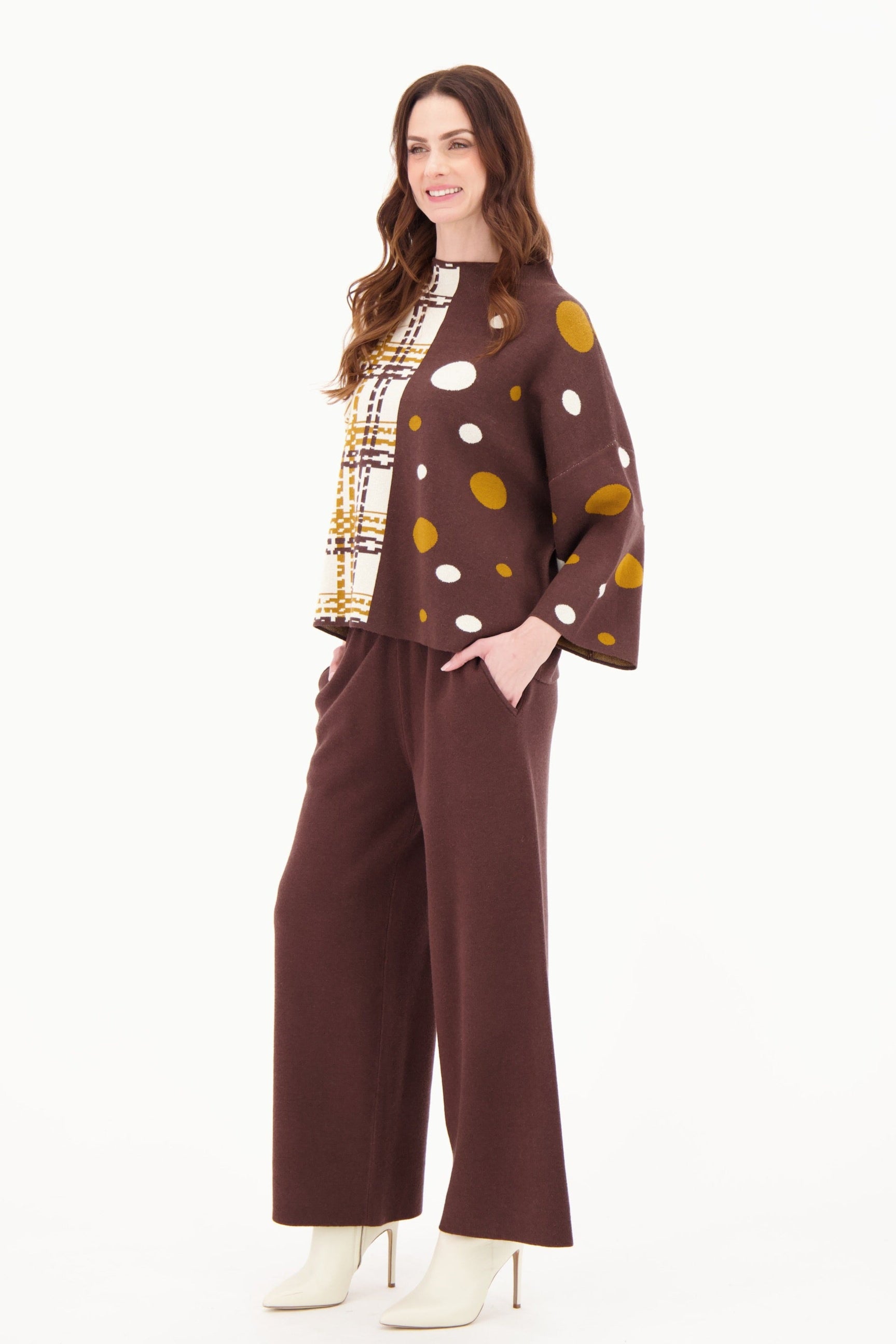 Dropped Shoulder Polkadot/Check Loose Fit Sweater Knit Top