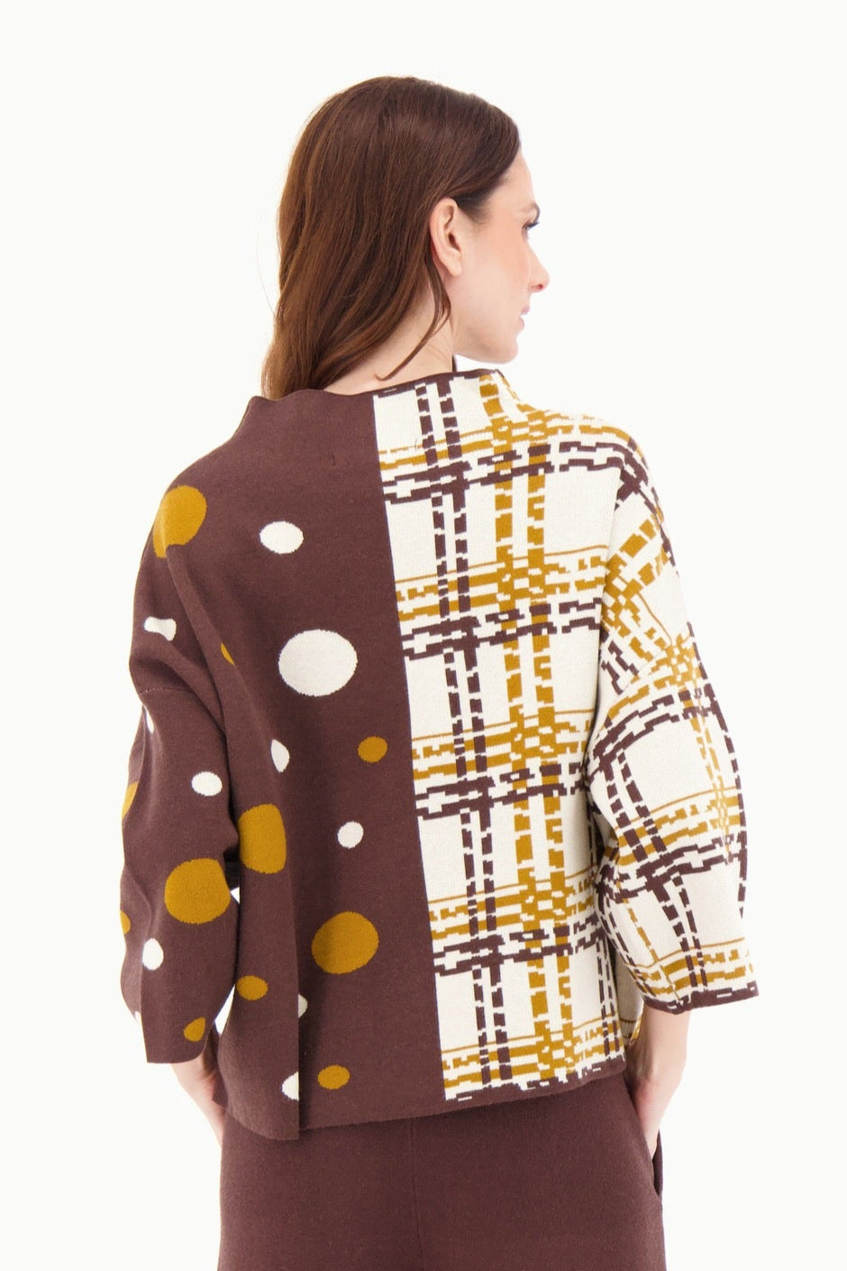 Dropped Shoulder Polkadot/Check Loose Fit Sweater Knit Top