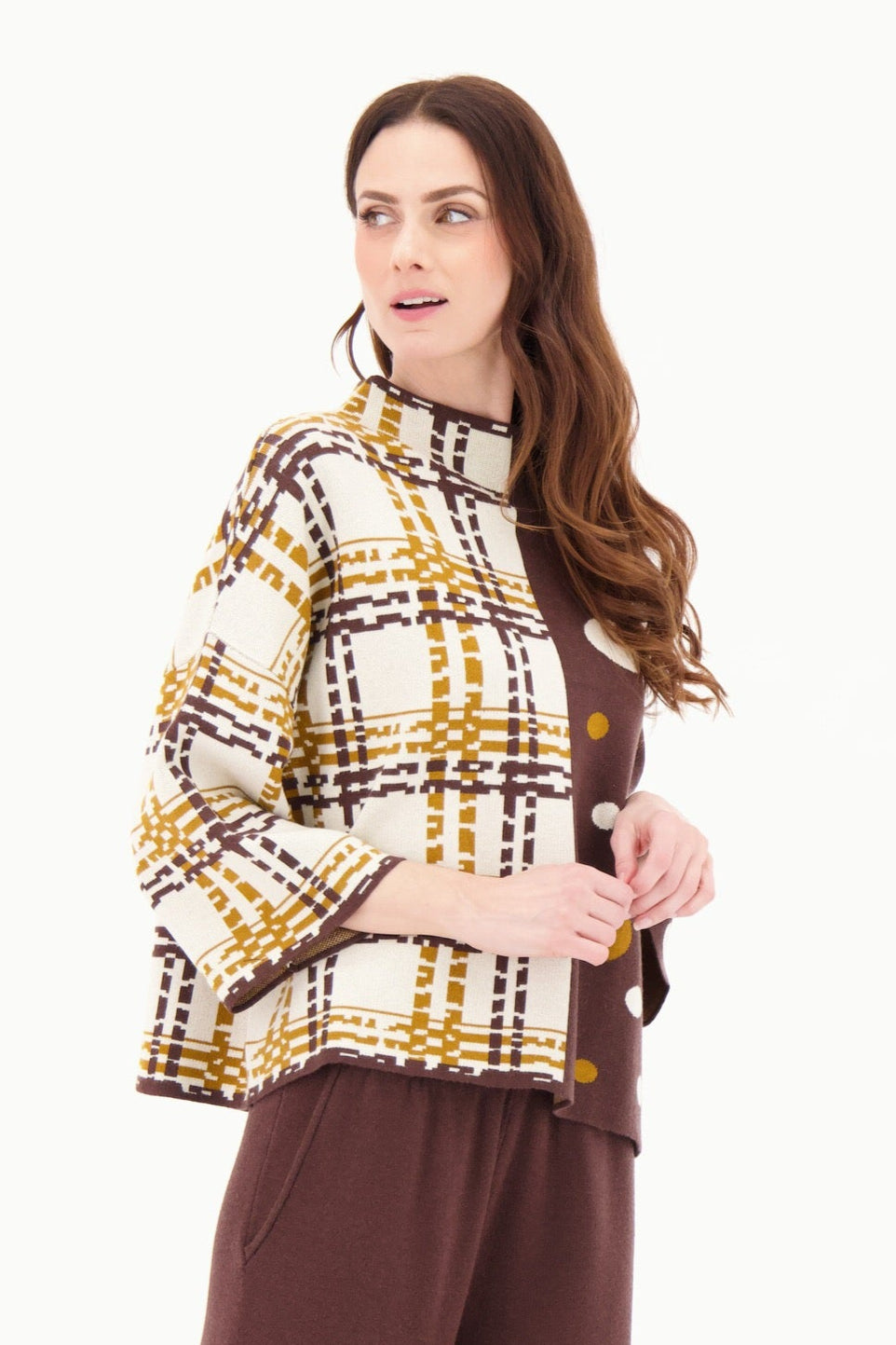 Dropped Shoulder Polkadot/Check Loose Fit Sweater Knit Top