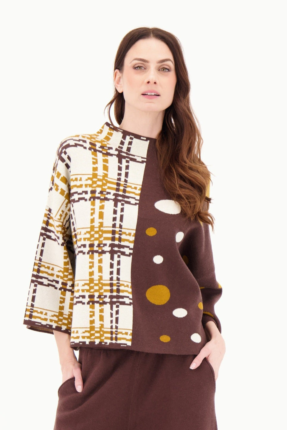 Dropped Shoulder Polkadot/Check Loose Fit Sweater Knit Top