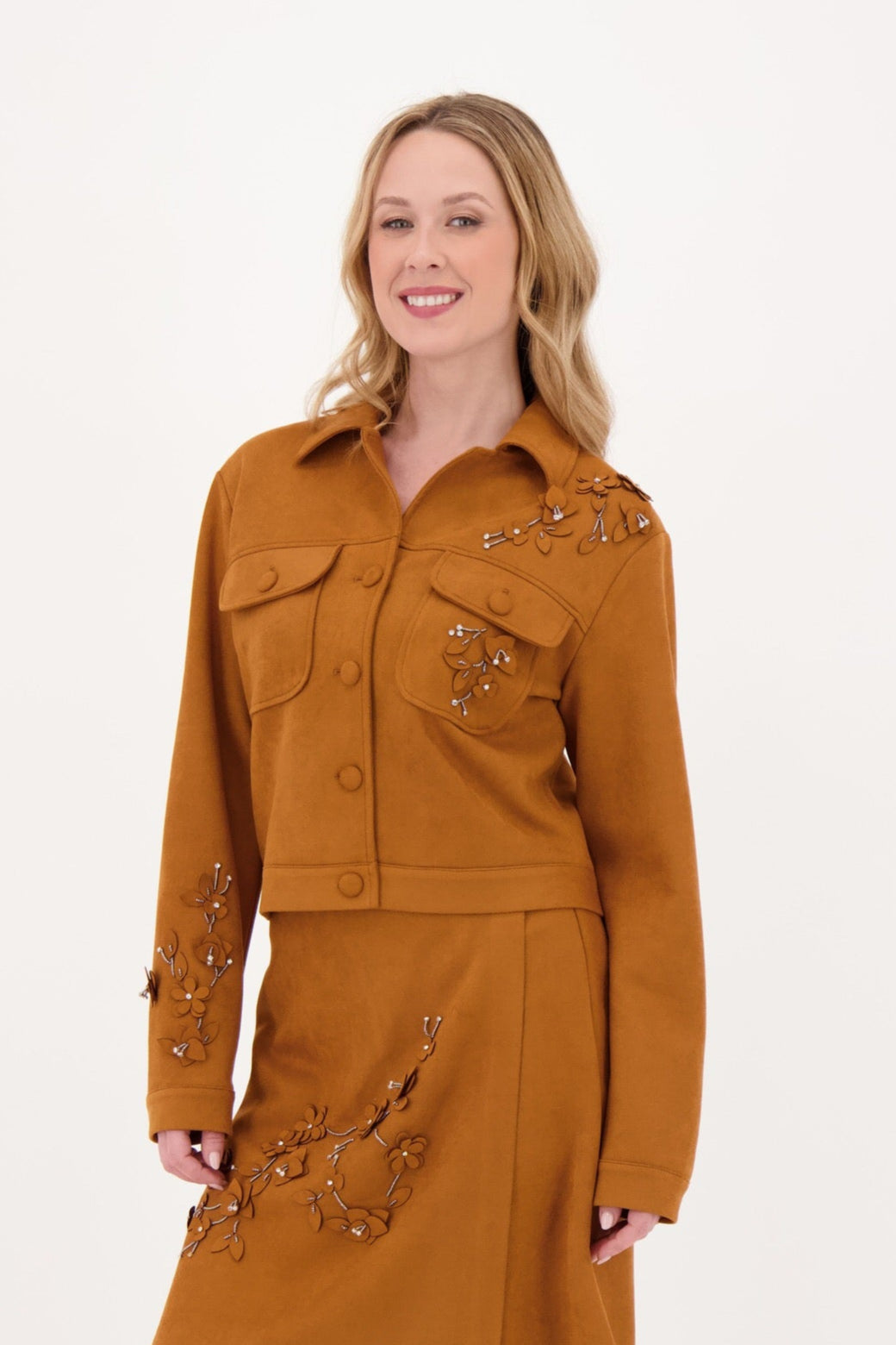 Faux Suede Beaded Floral Applique Jacket