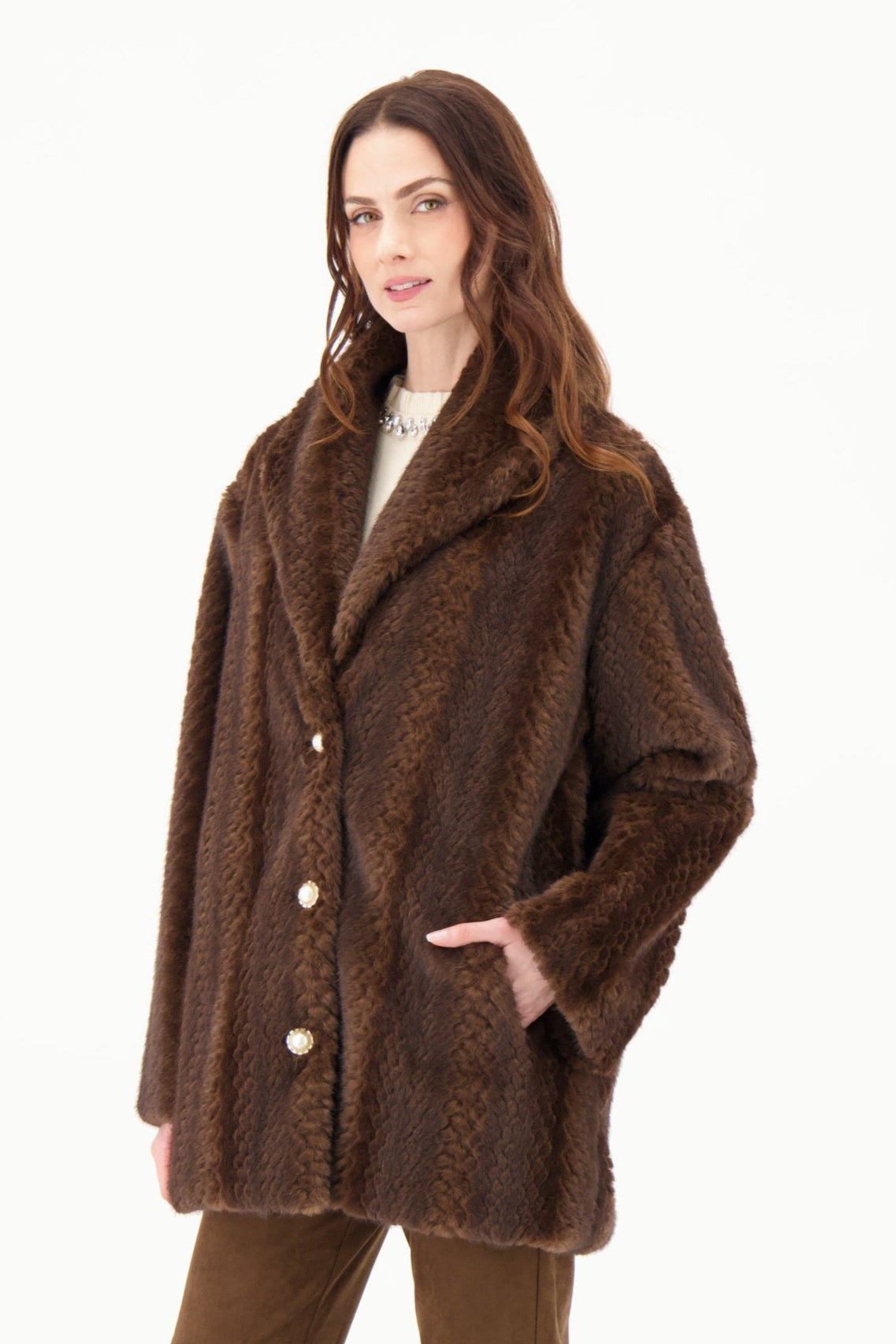 Pearl Button Faux Fur Hip Length