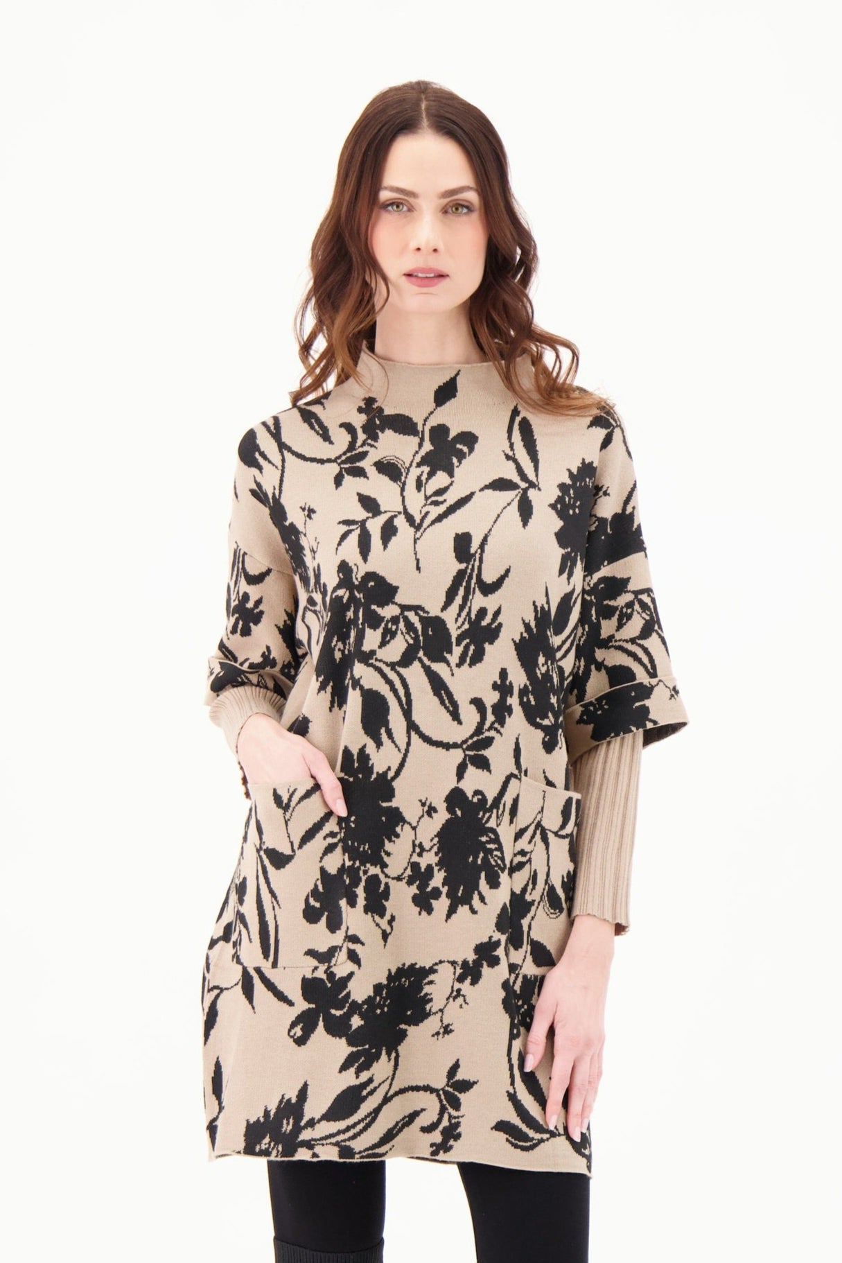 Funnel Neck Floral Intarsia Fooler Sleeve Tunic Dress