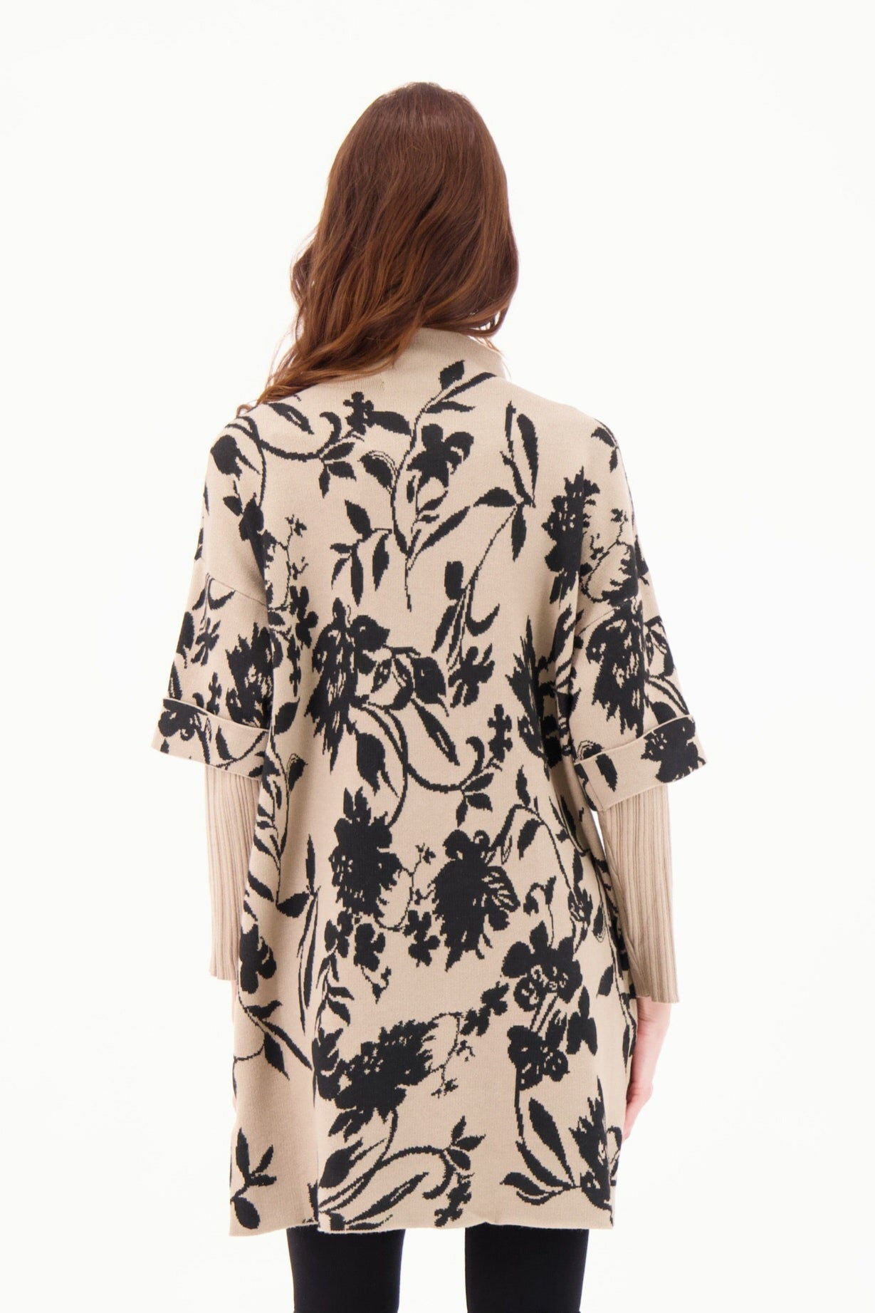 Funnel Neck Floral Intarsia Fooler Sleeve Tunic Dress