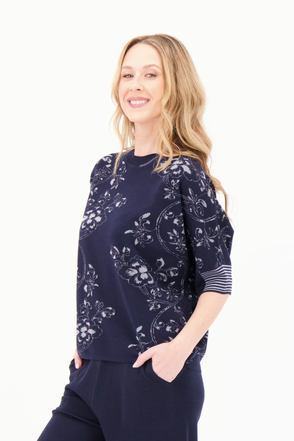 Floral Intarsia Wide Short Sleeve Cuff Knit Top