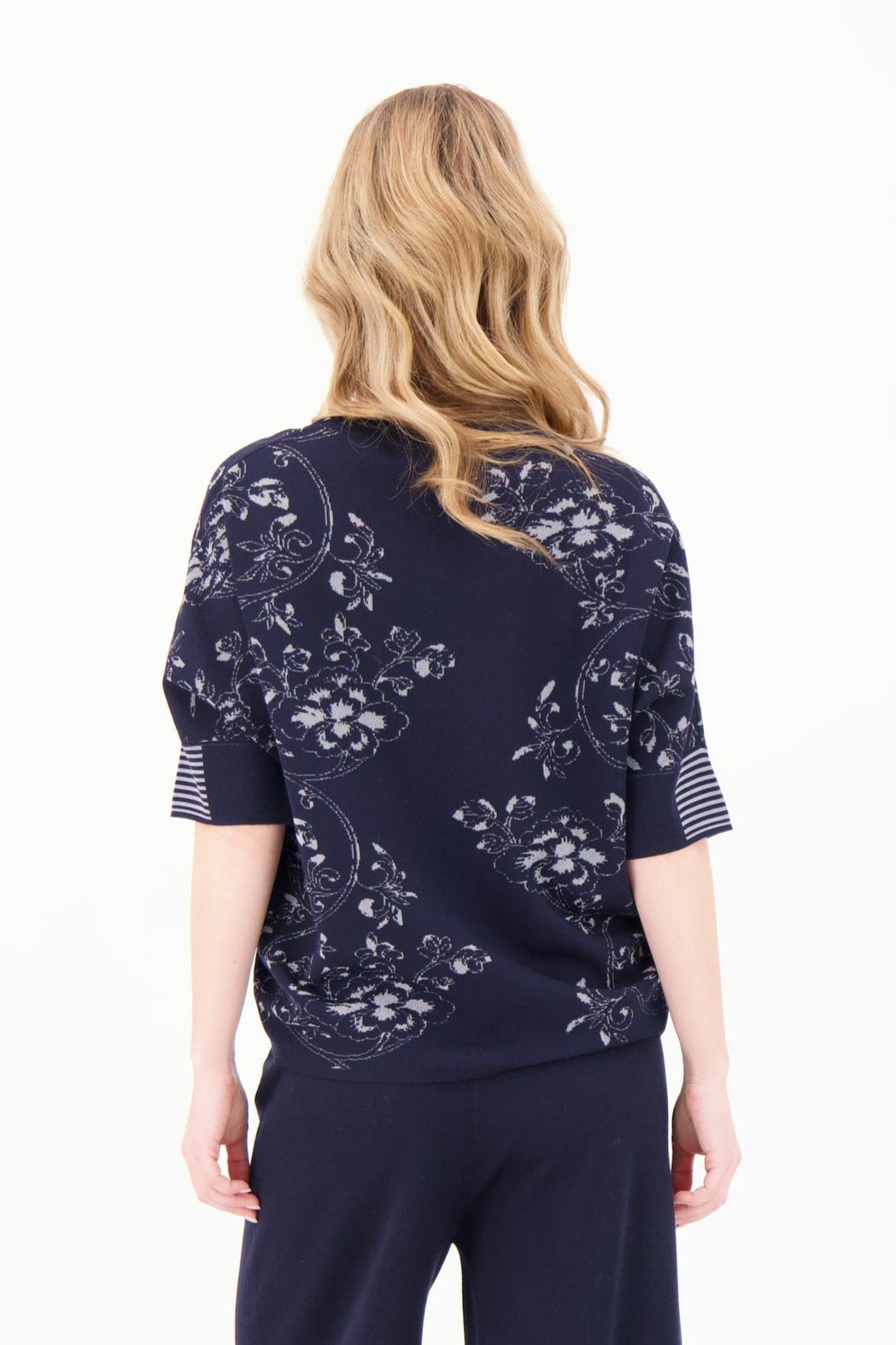Floral Intarsia Wide Short Sleeve Cuff Knit Top
