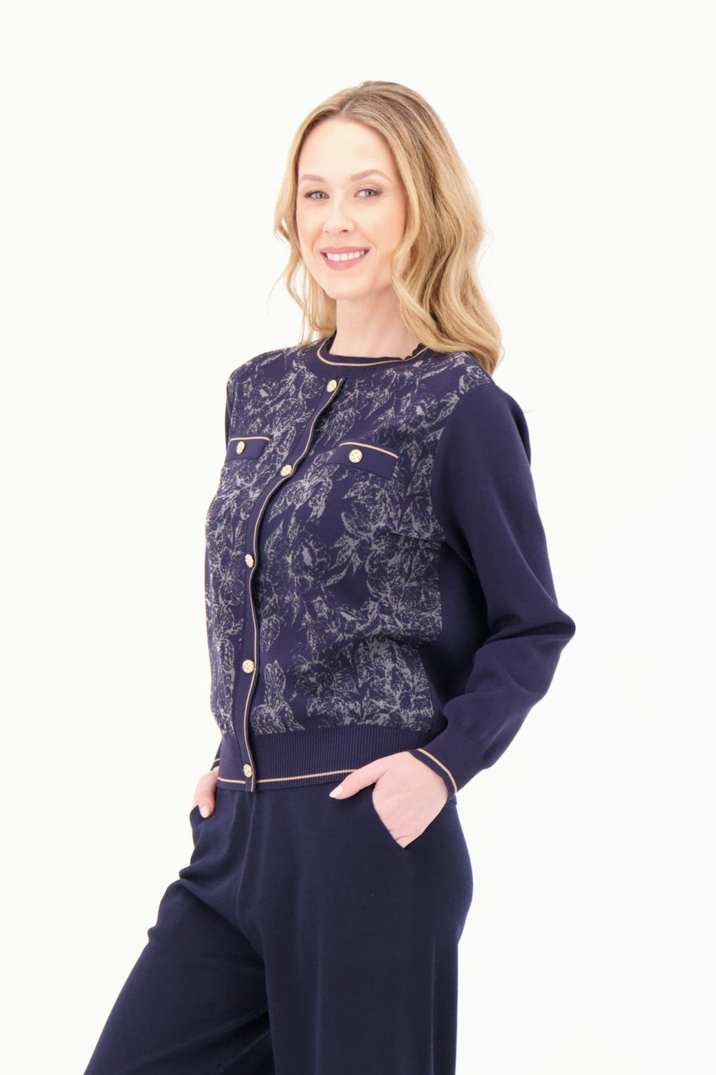 Leaf Intarsia Faux Button Up Knit Cardigan