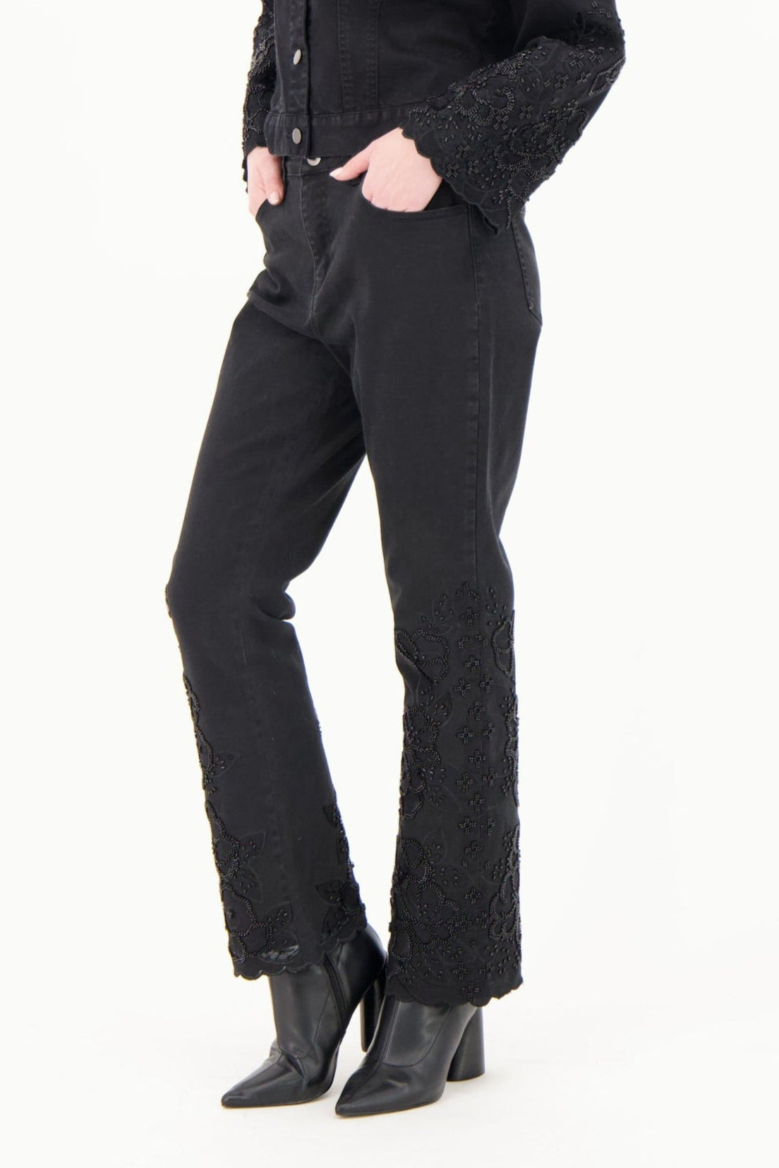 Floral Embroidered Beaded Denim