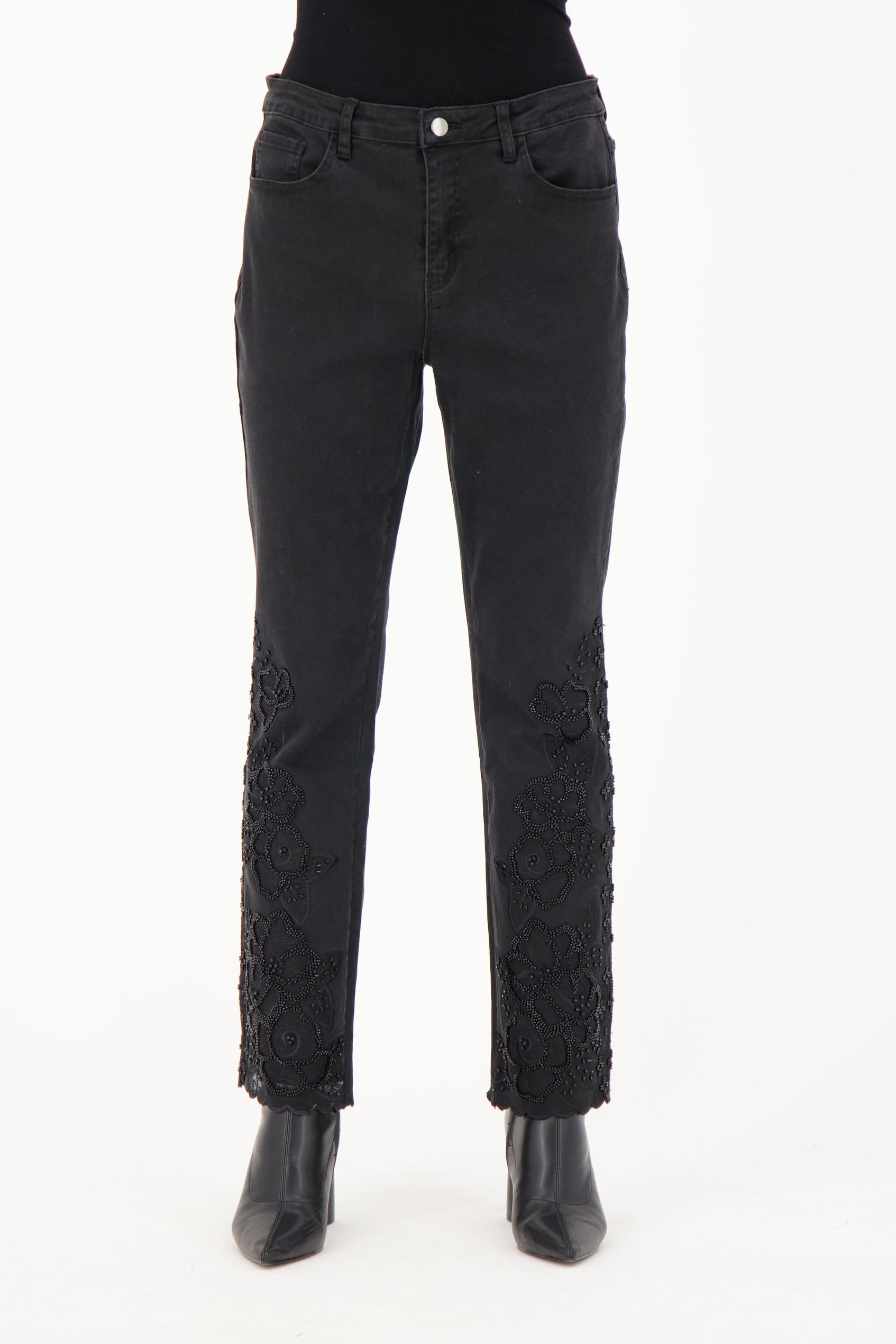 Floral Embroidered Beaded Denim