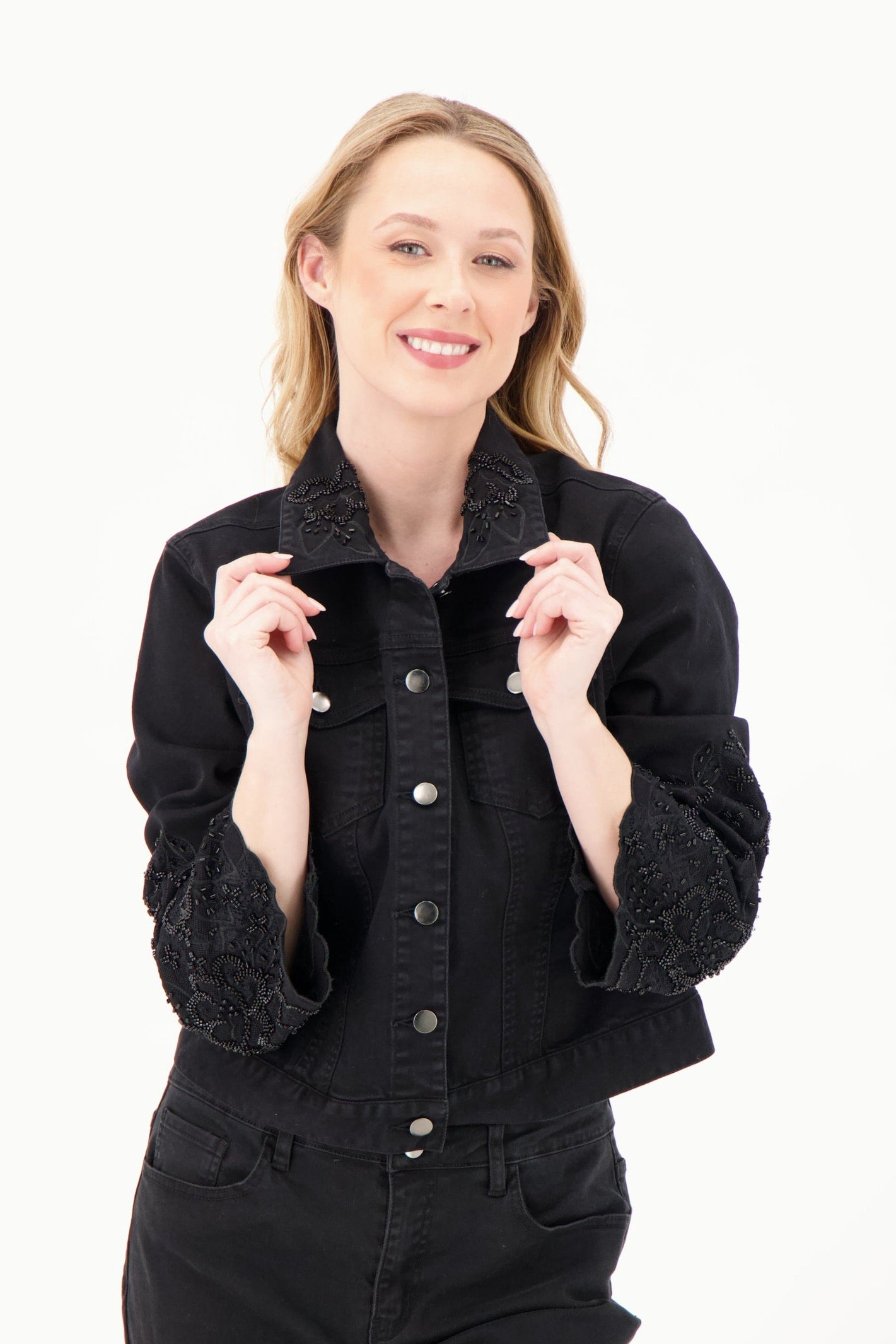 Beaded Collar And Sleeve Denim Jacket