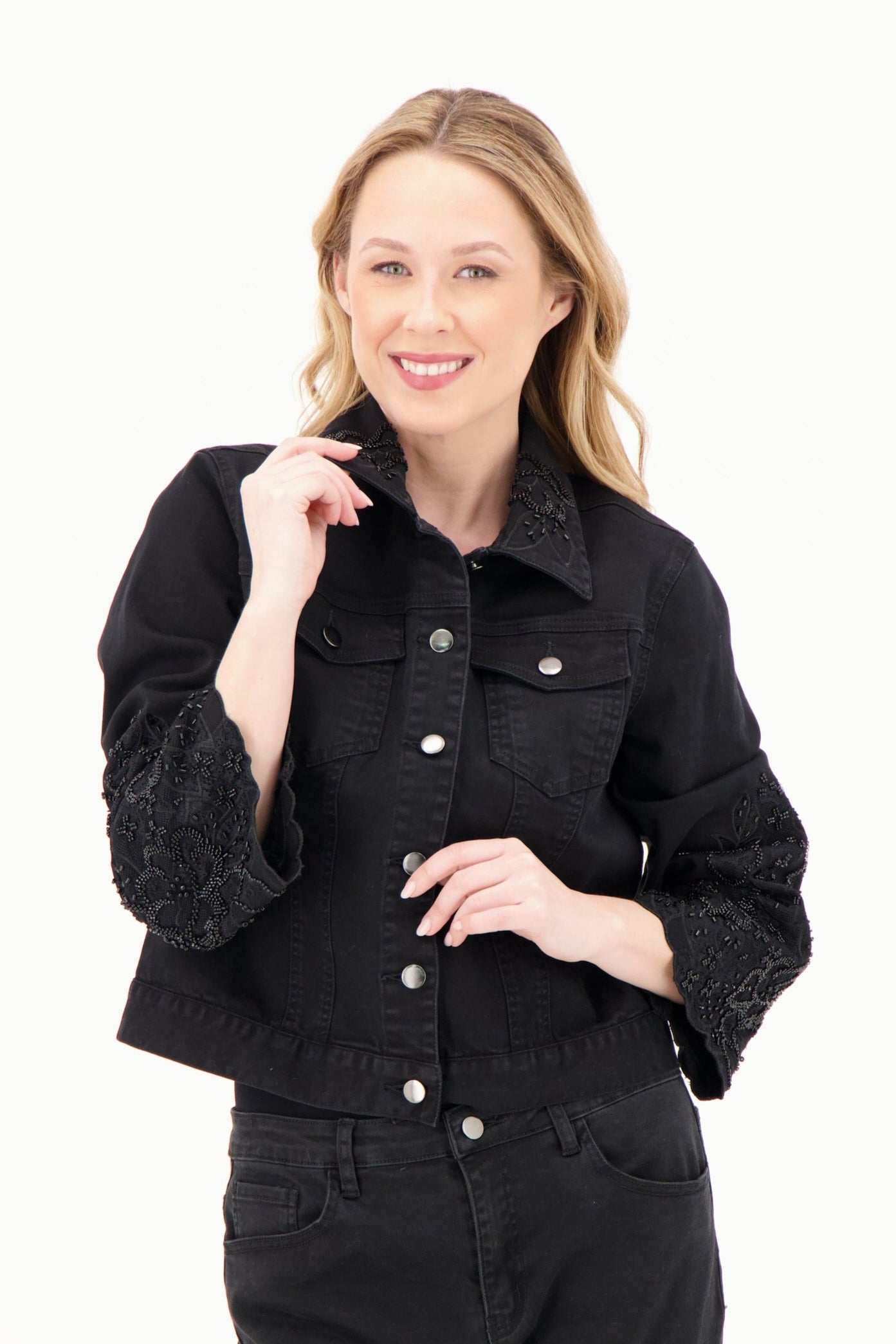 Beaded Collar And Sleeve Denim Jacket