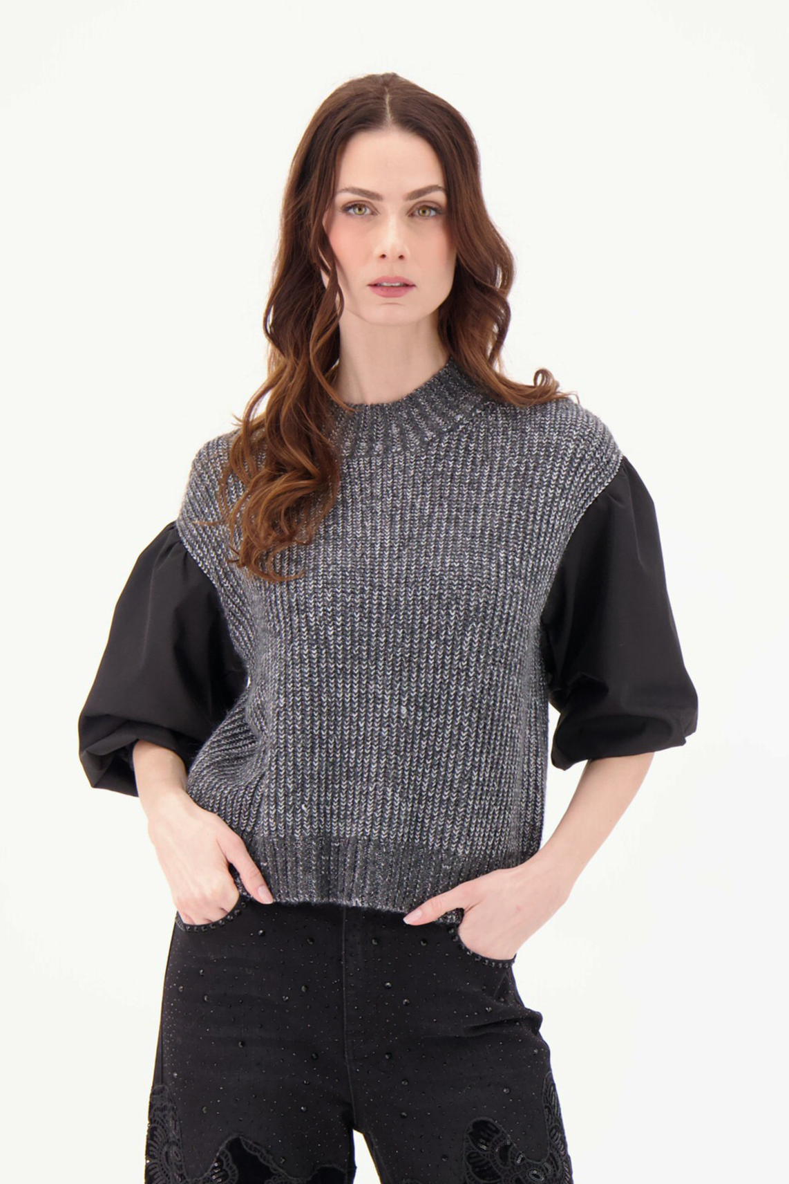 Mockneck Lurex Sweater With Woven Puff Sleeves