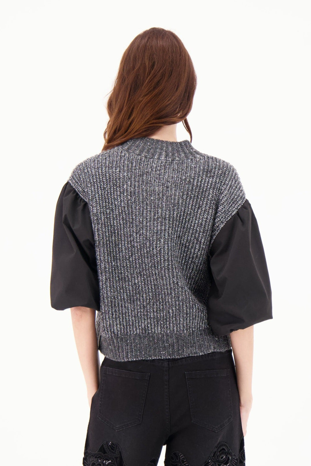 Mockneck Lurex Sweater With Woven Puff Sleeves