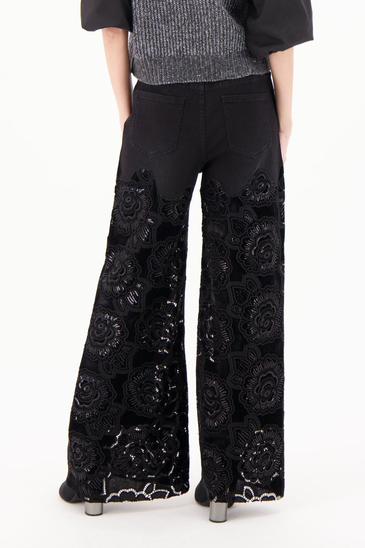 Floral Cut Out Velour Denim Pant
