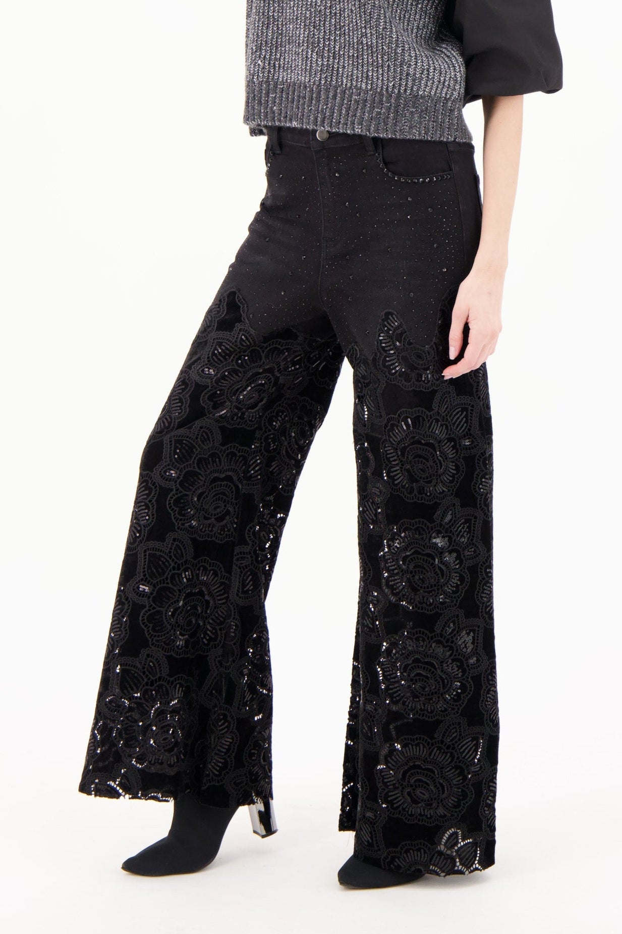 Floral Cut Out Velour Denim Pant