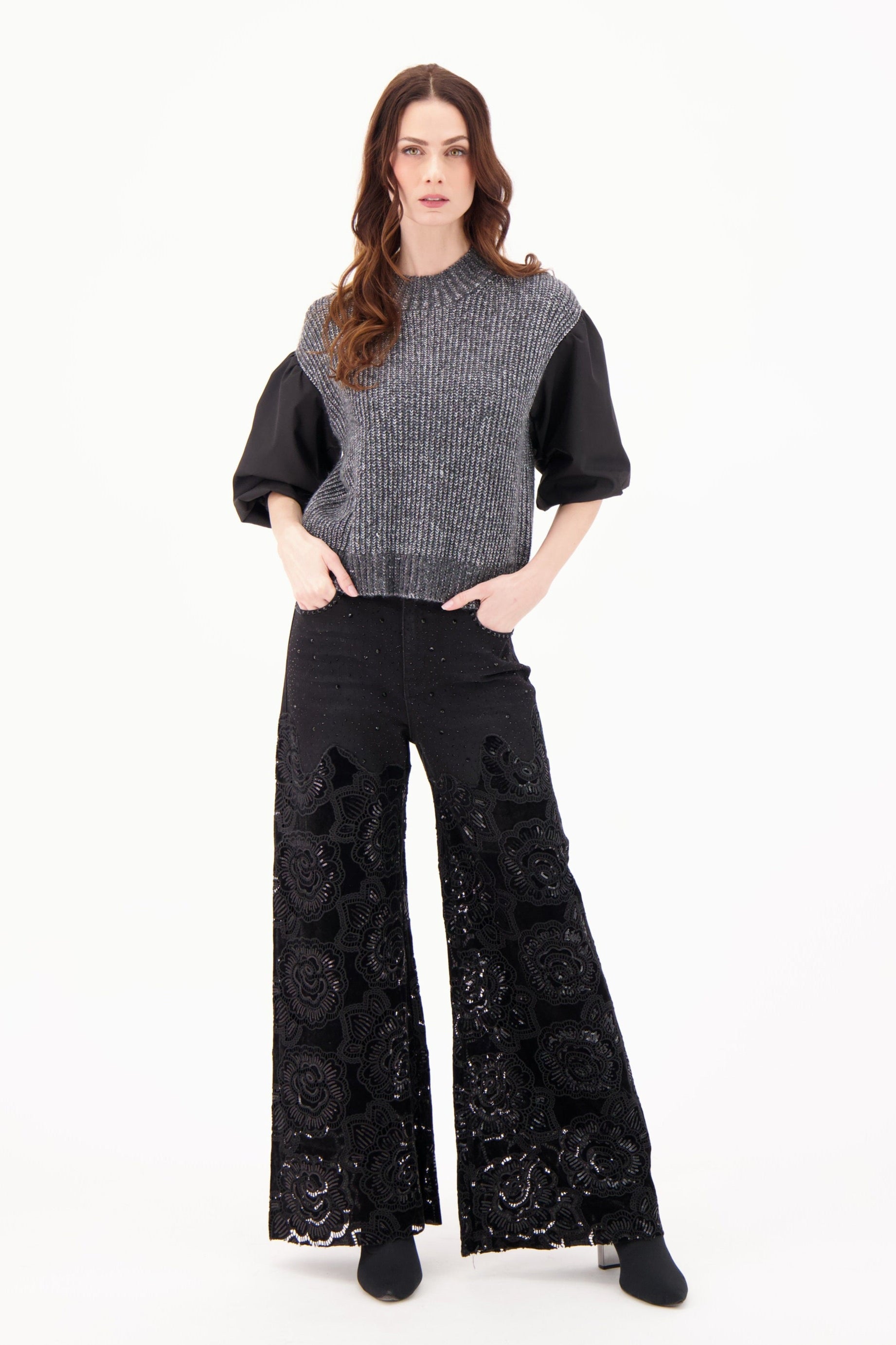 Floral Cut Out Velour Denim Pant
