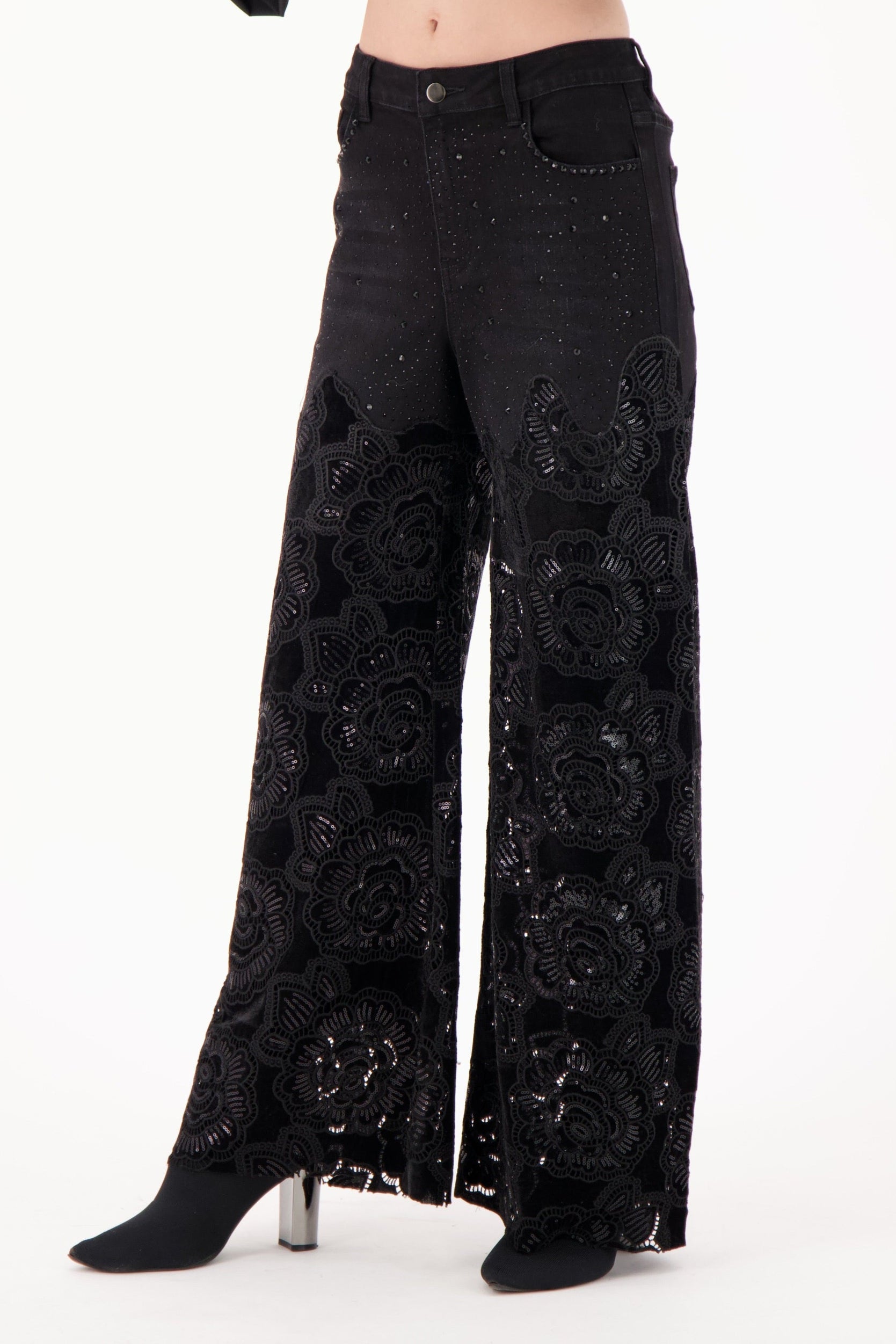 Floral Cut Out Velour Denim Pant