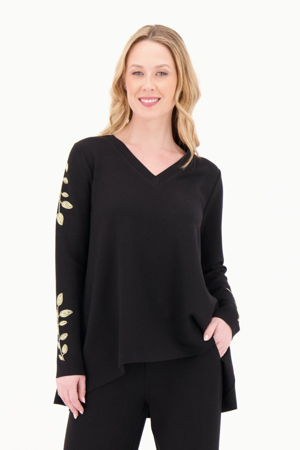 V-Neck Gold Leaf Embroidered Scuba Tunic