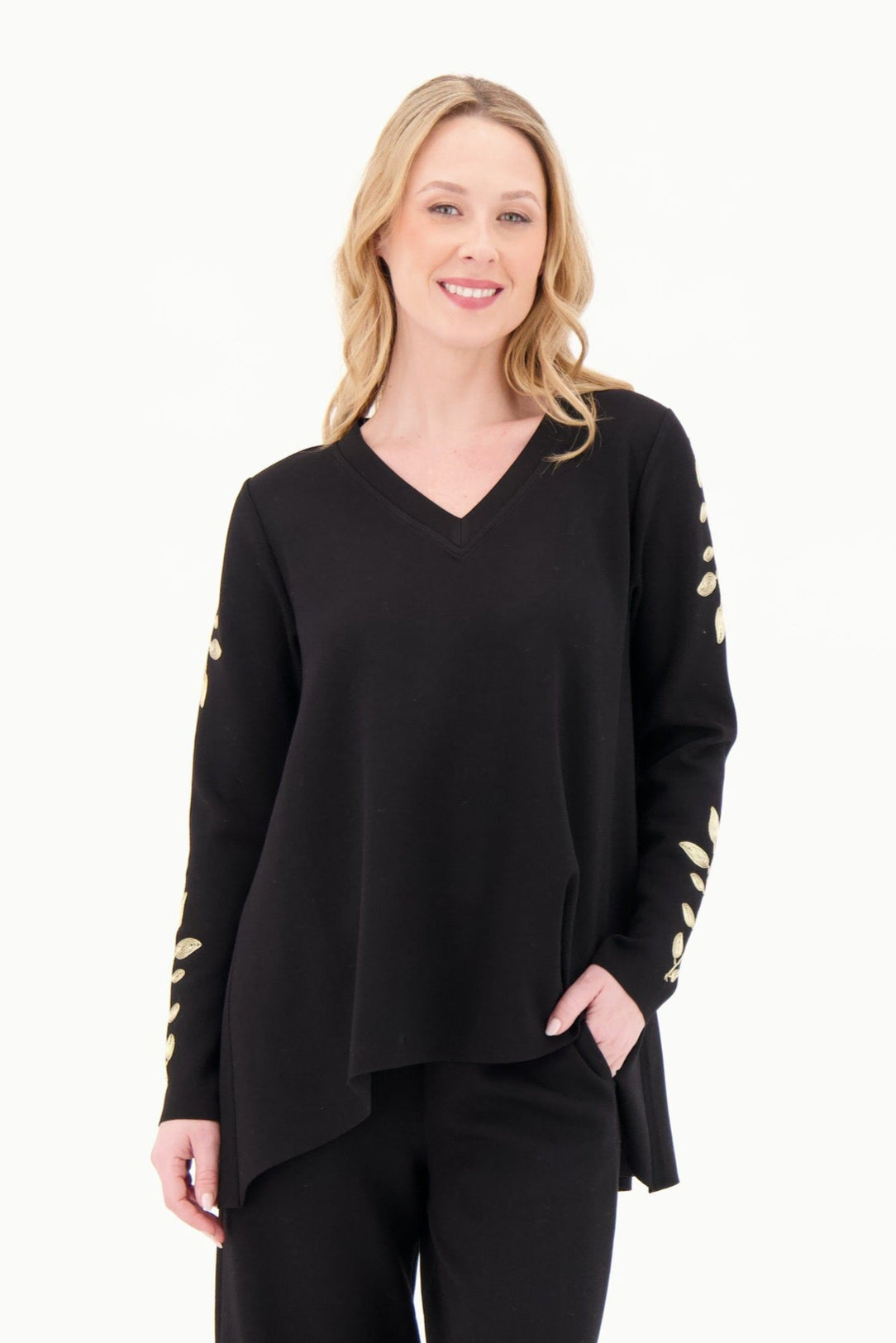 V-Neck Gold Leaf Embroidered Scuba Tunic