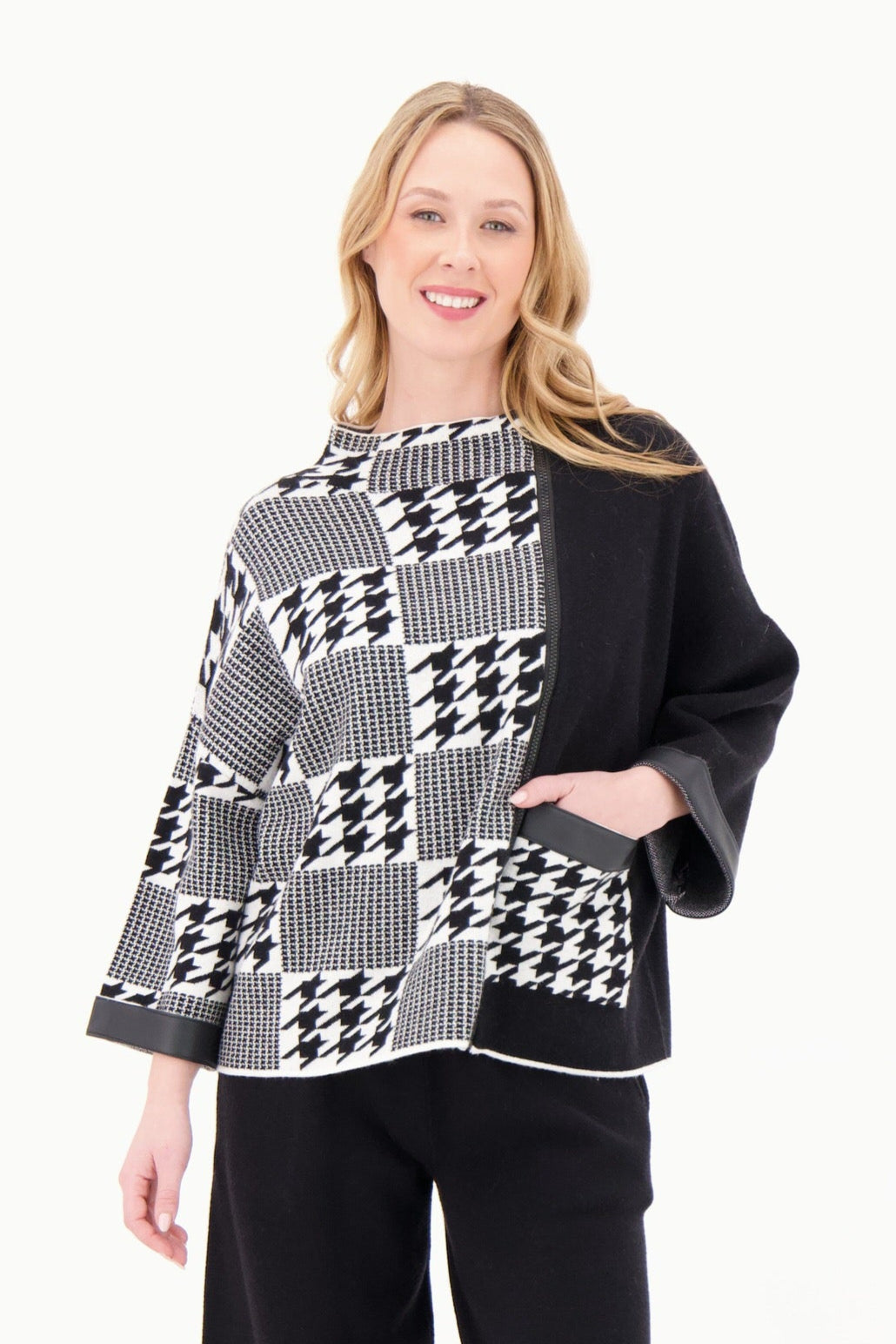 Houndstooth Loose Fit PU Cuffed Sweater Top