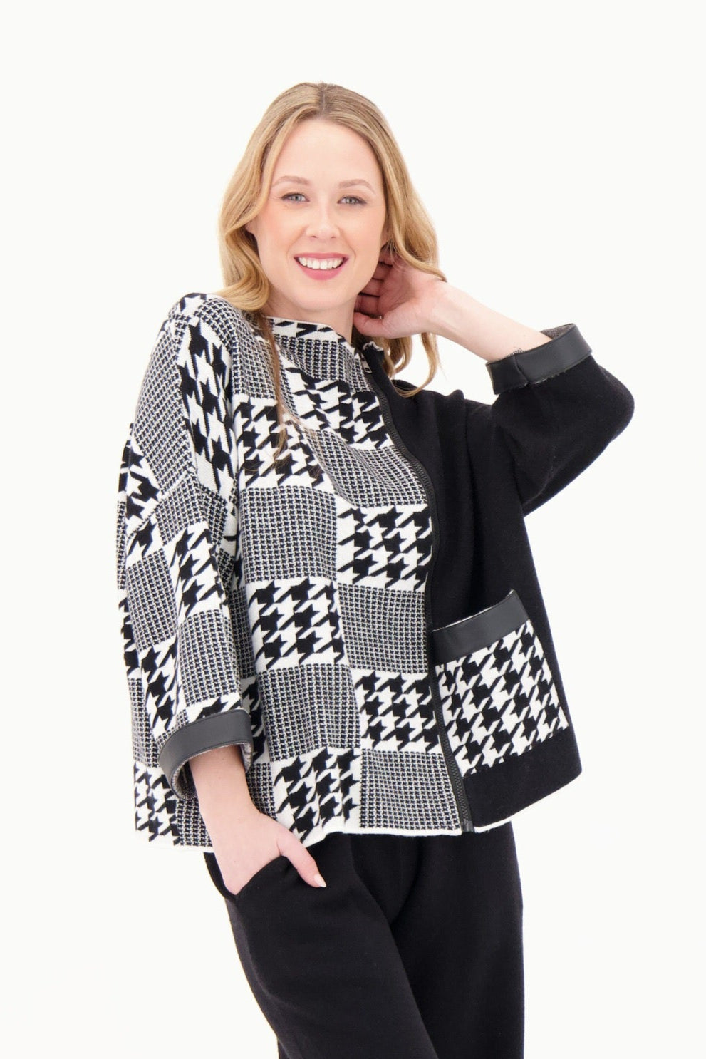 Houndstooth Loose Fit PU Cuffed Sweater Top