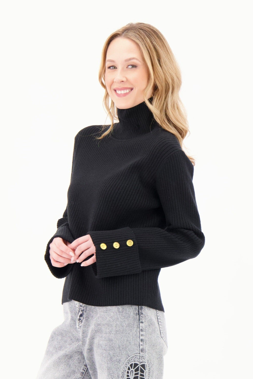 Rib Knit Turtleneck With Wide Buttoned Cuff Sweater