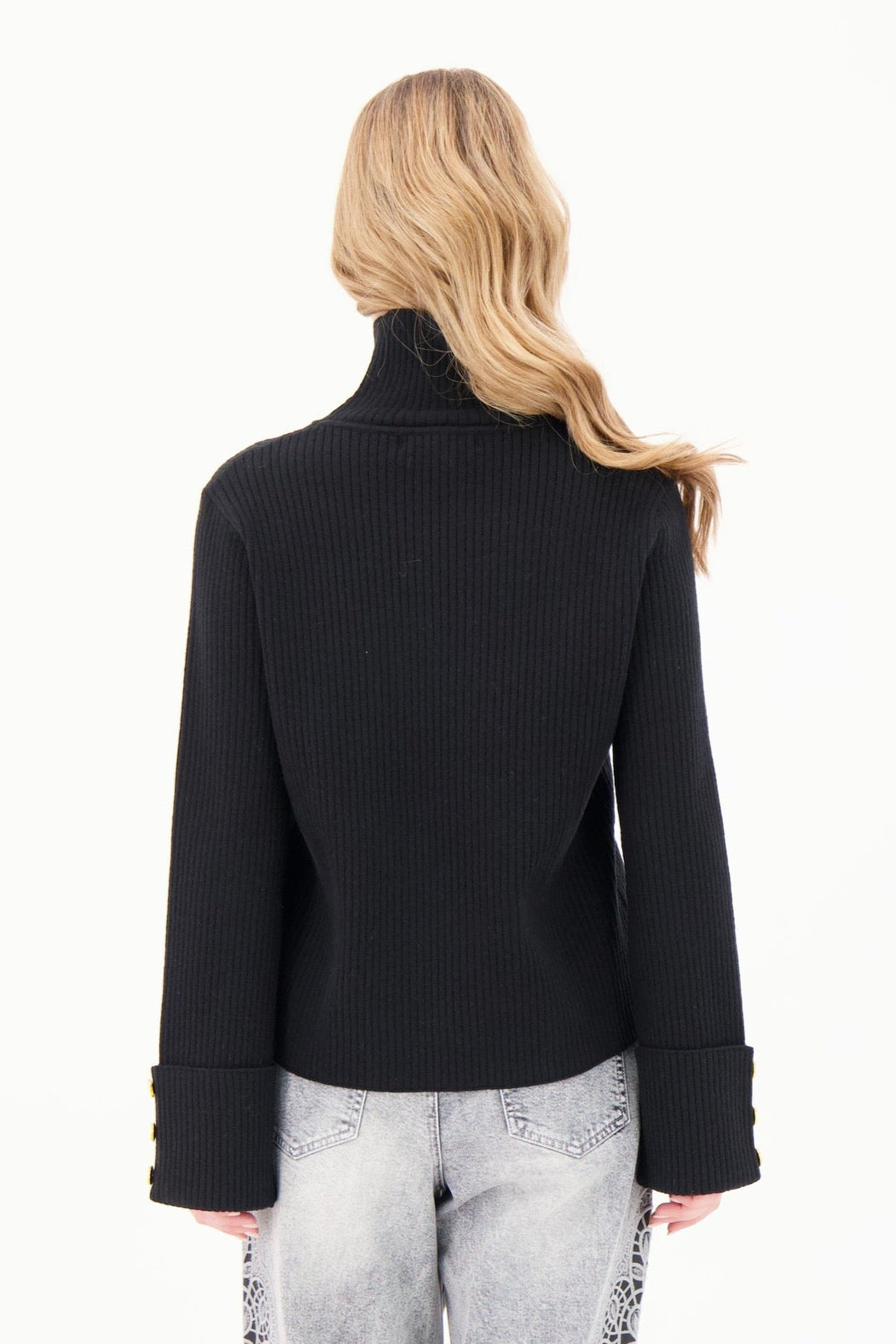 Rib Knit Turtleneck With Wide Buttoned Cuff Sweater
