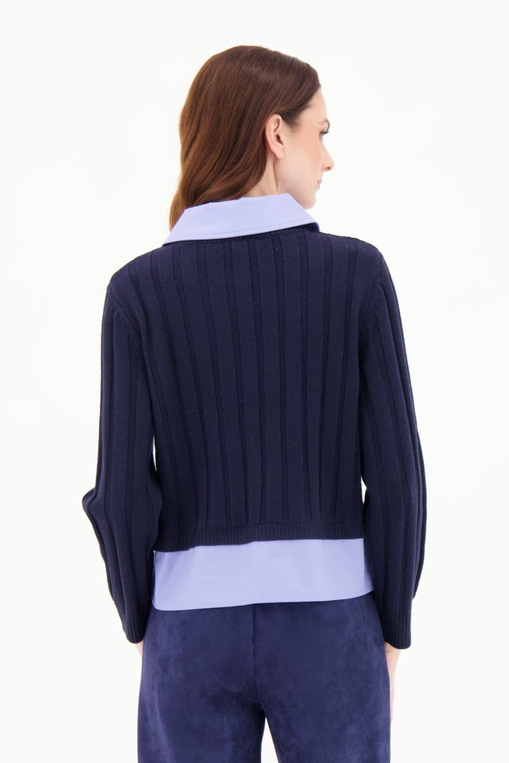 Sweater With Removable Shirt Collar Shirt Hem Denim Pockets