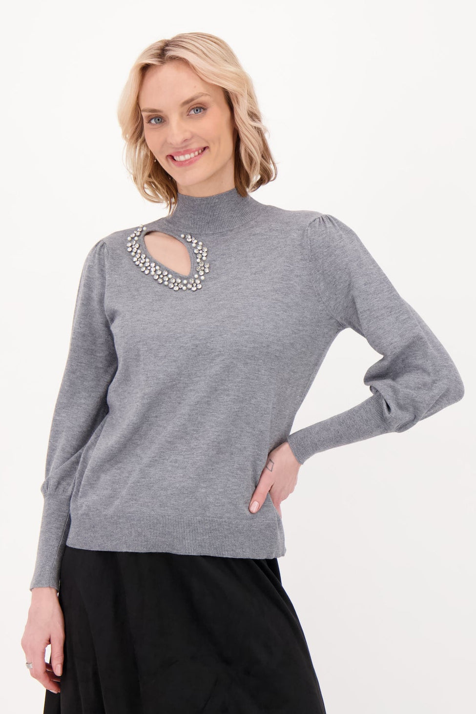 Embellished Side Neck Keyhole Sweater