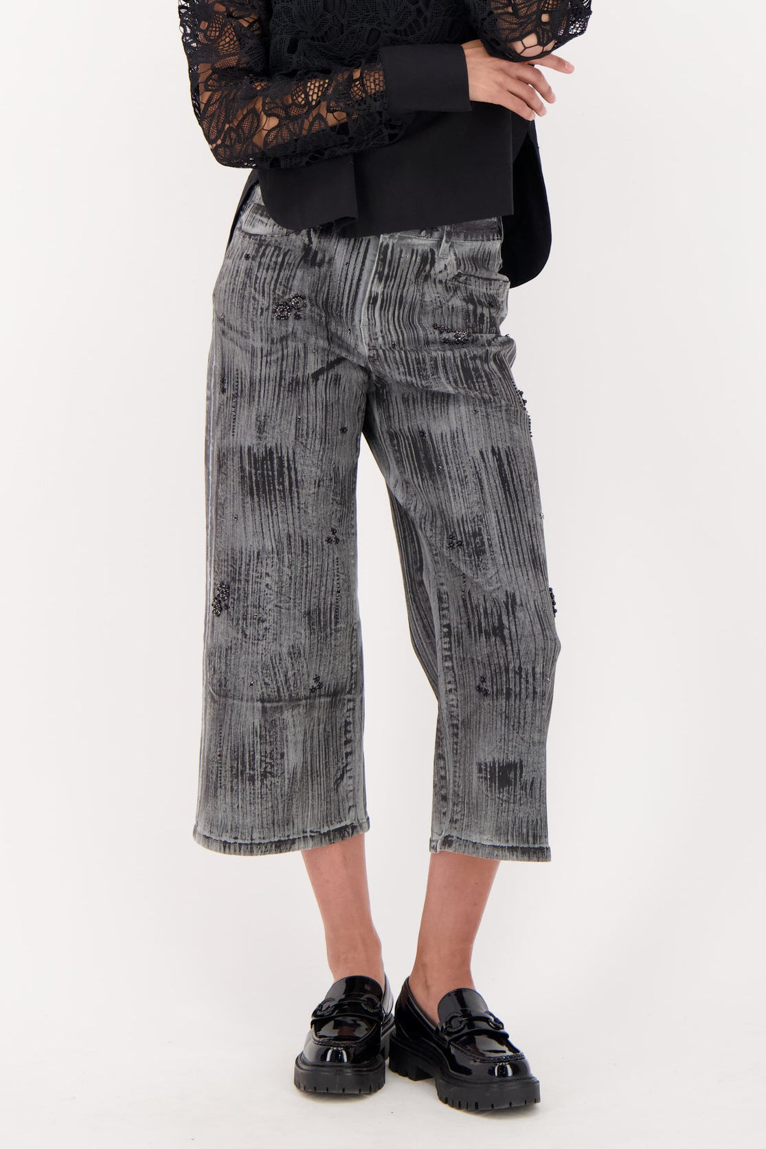 Two Tone Beaded Denim Capri