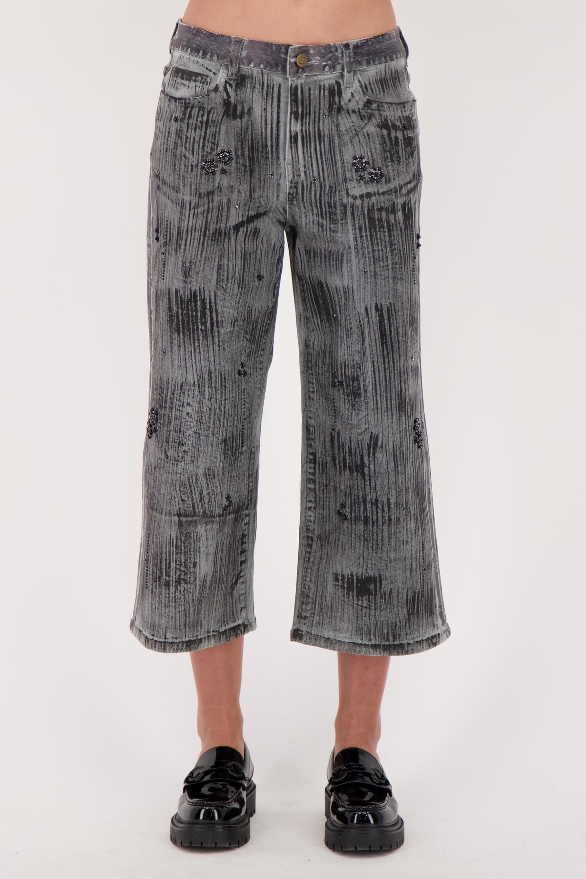 Two Tone Beaded Denim Capri