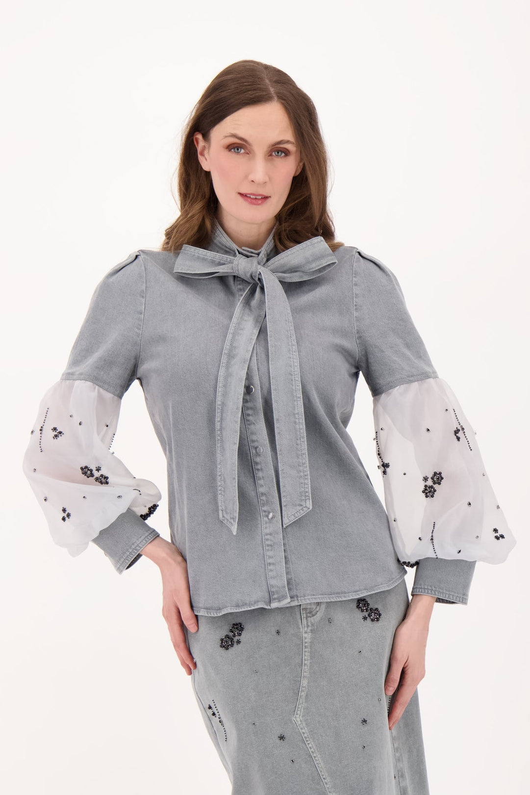 Denim With Beaded Organza Sleeve