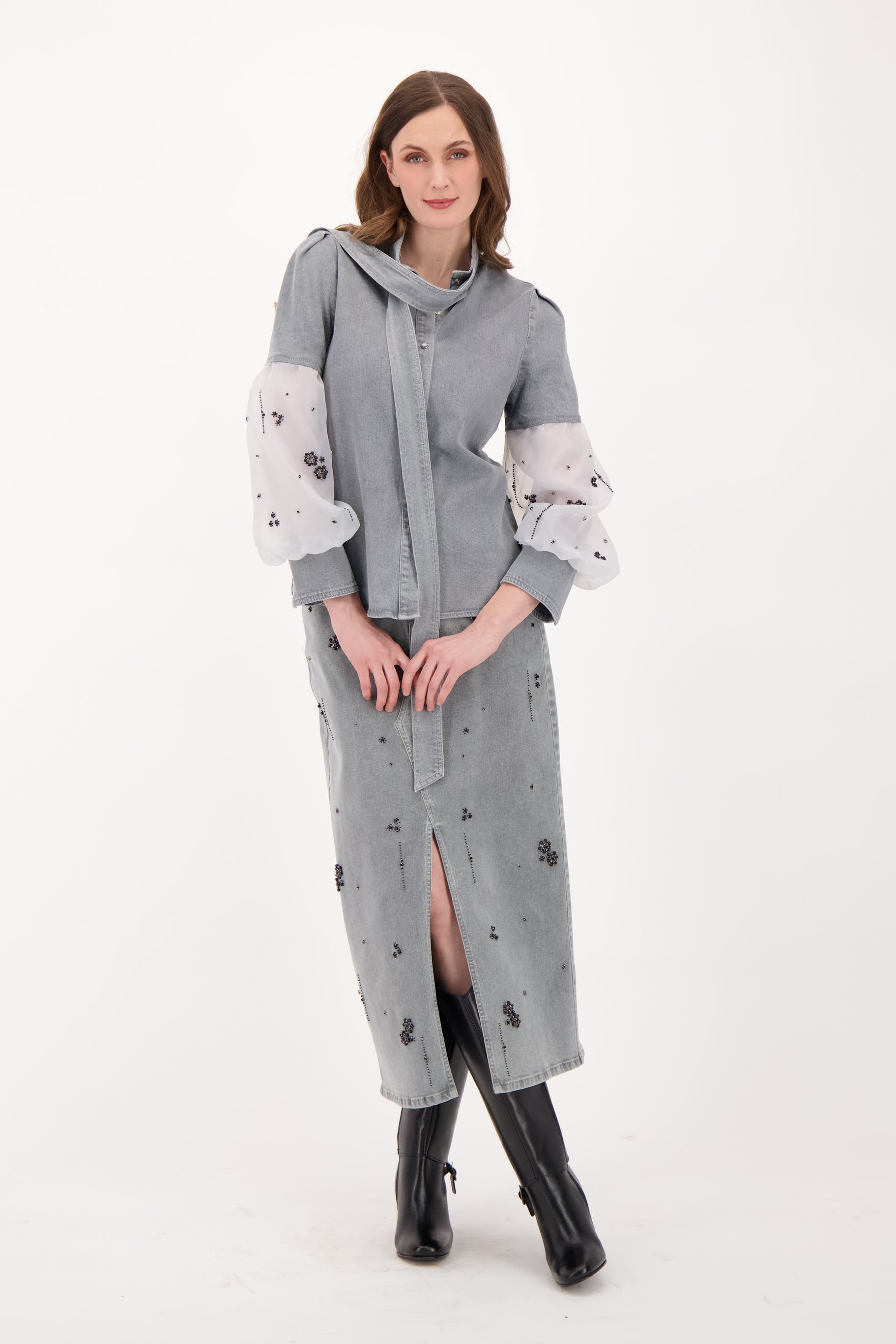 Denim With Beaded Organza Sleeve