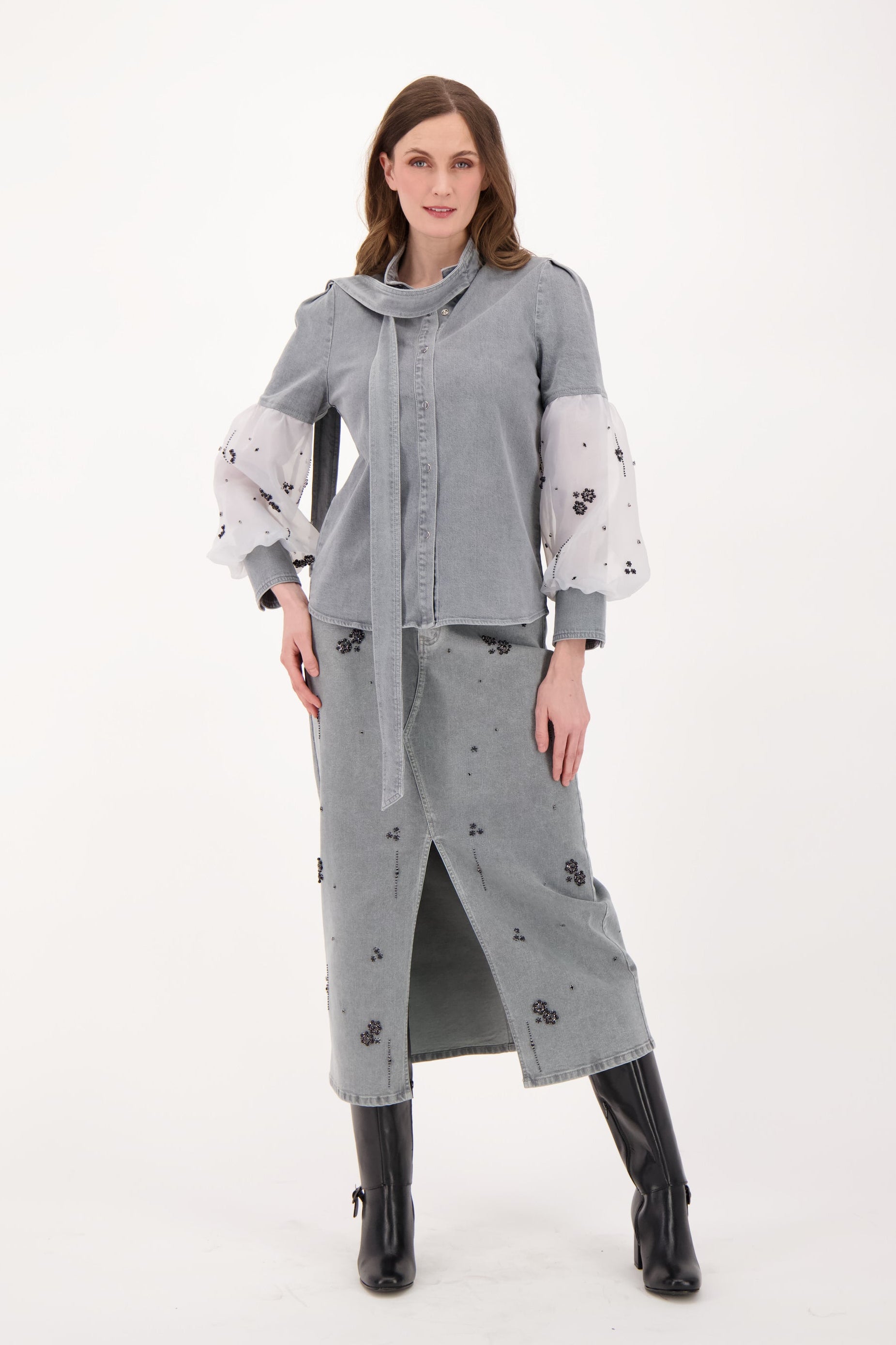 Denim With Beaded Organza Sleeve