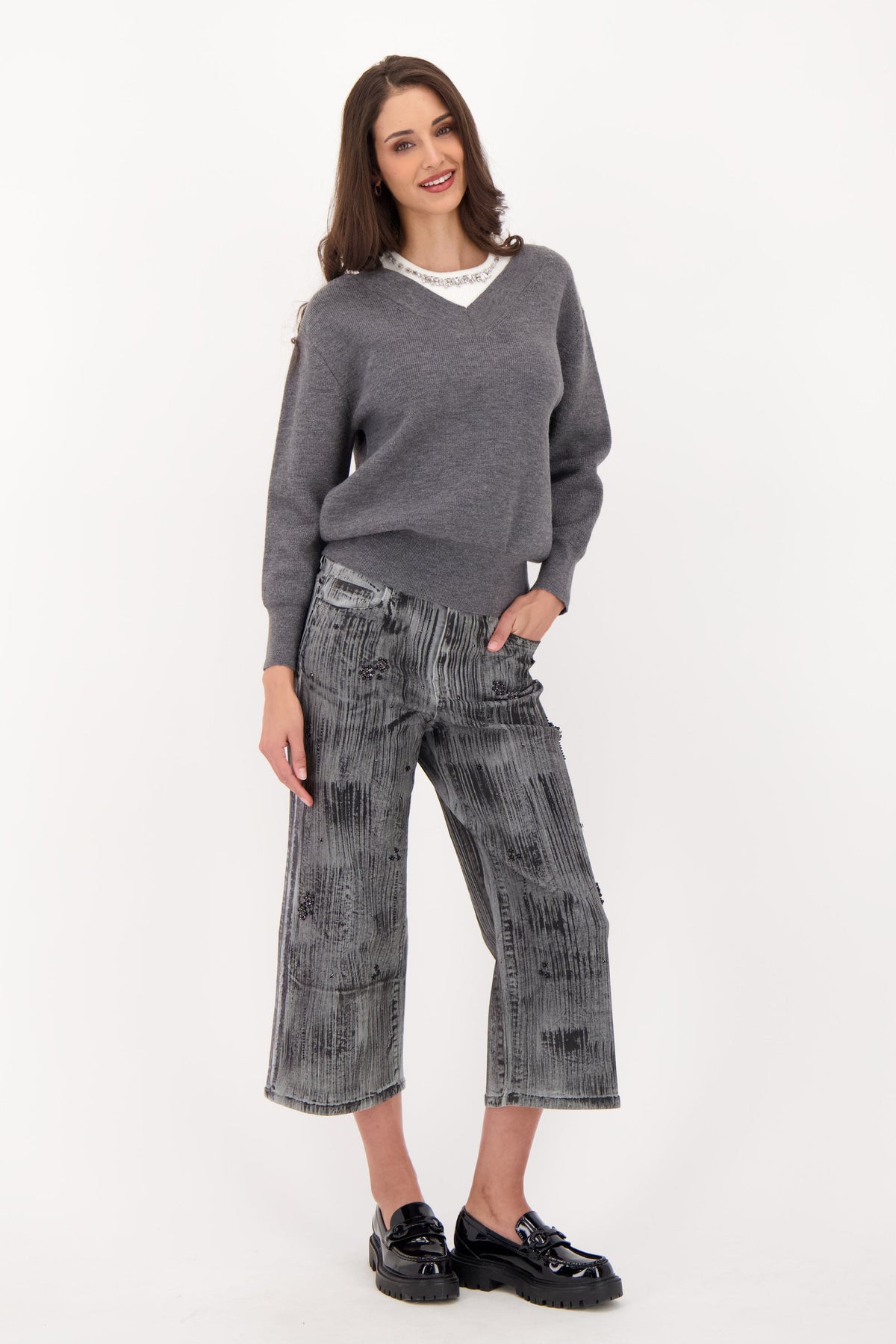 Two Tone Beaded Denim Capri