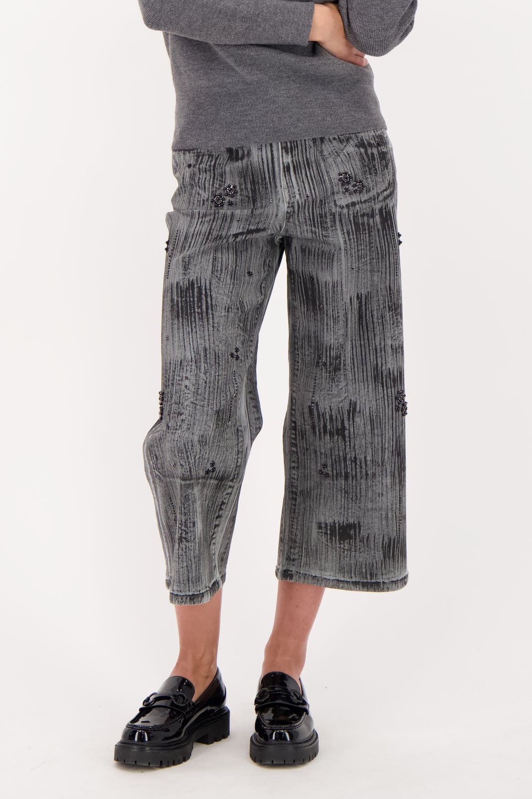 Two Tone Beaded Denim Capri