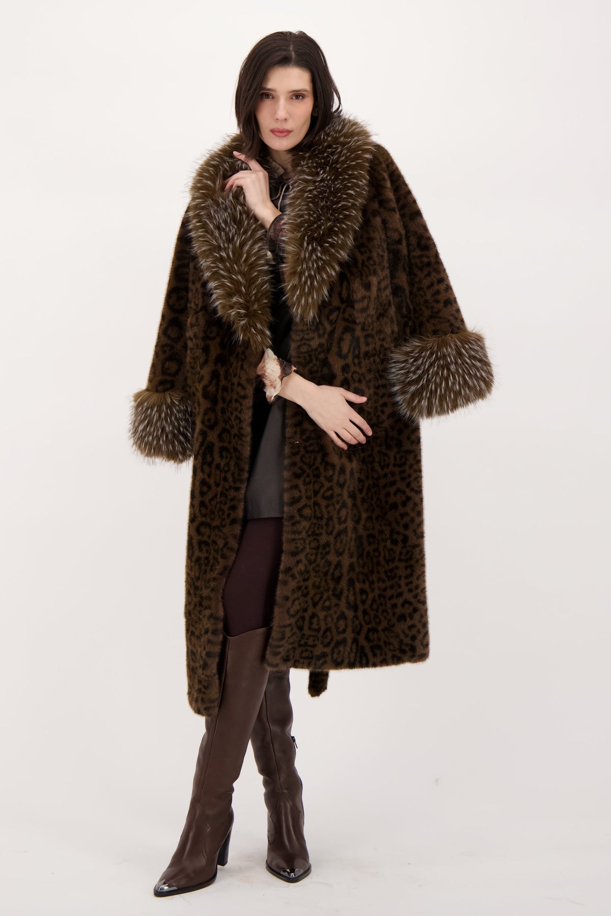 Faux Leopard Belted Coat With Mink Collar And Cuff