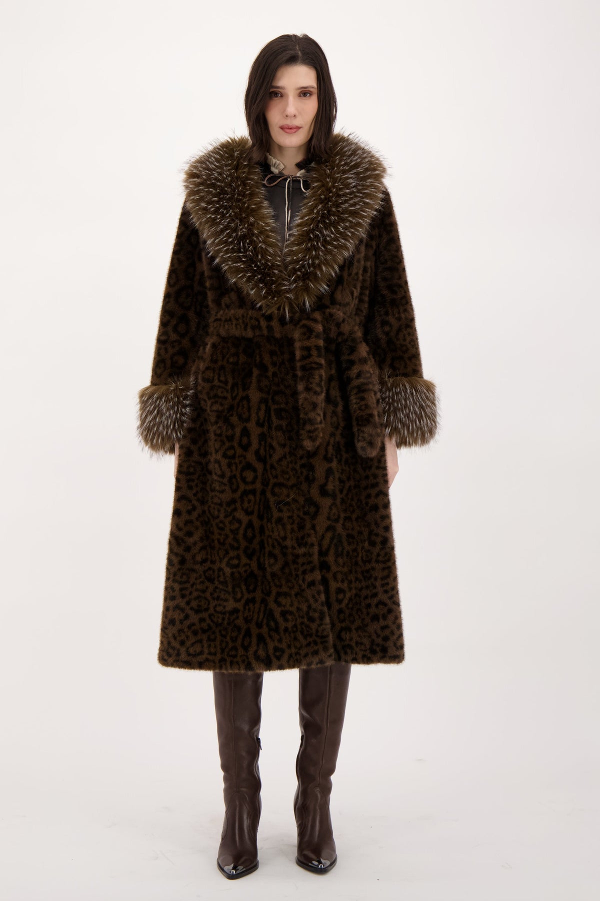 Faux Leopard Belted Coat With Mink Collar And Cuff