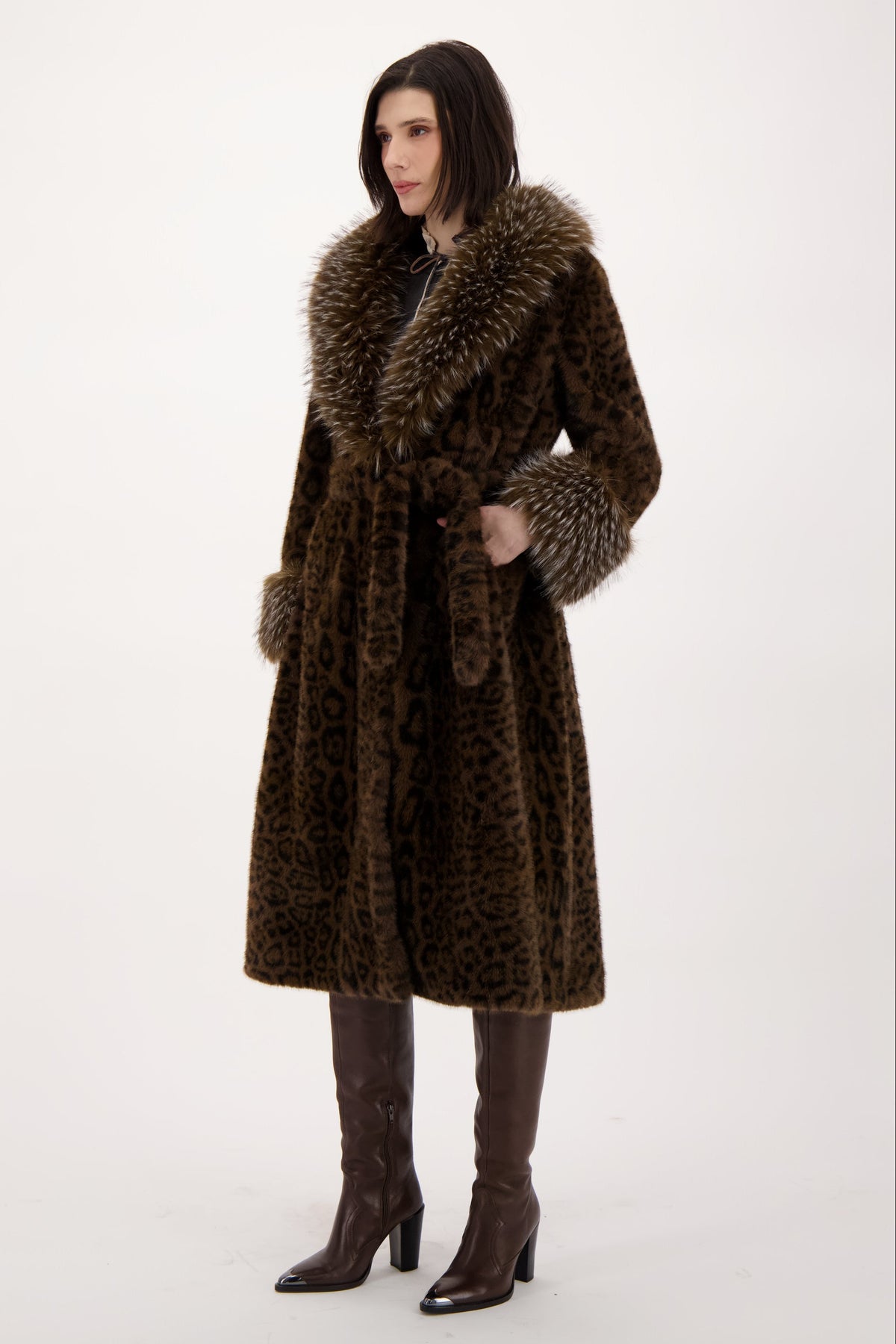 Faux Leopard Belted Coat With Mink Collar And Cuff