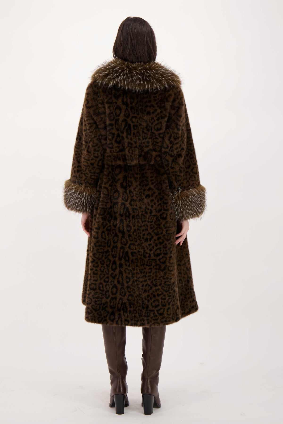 Faux Leopard Belted Coat With Mink Collar And Cuff