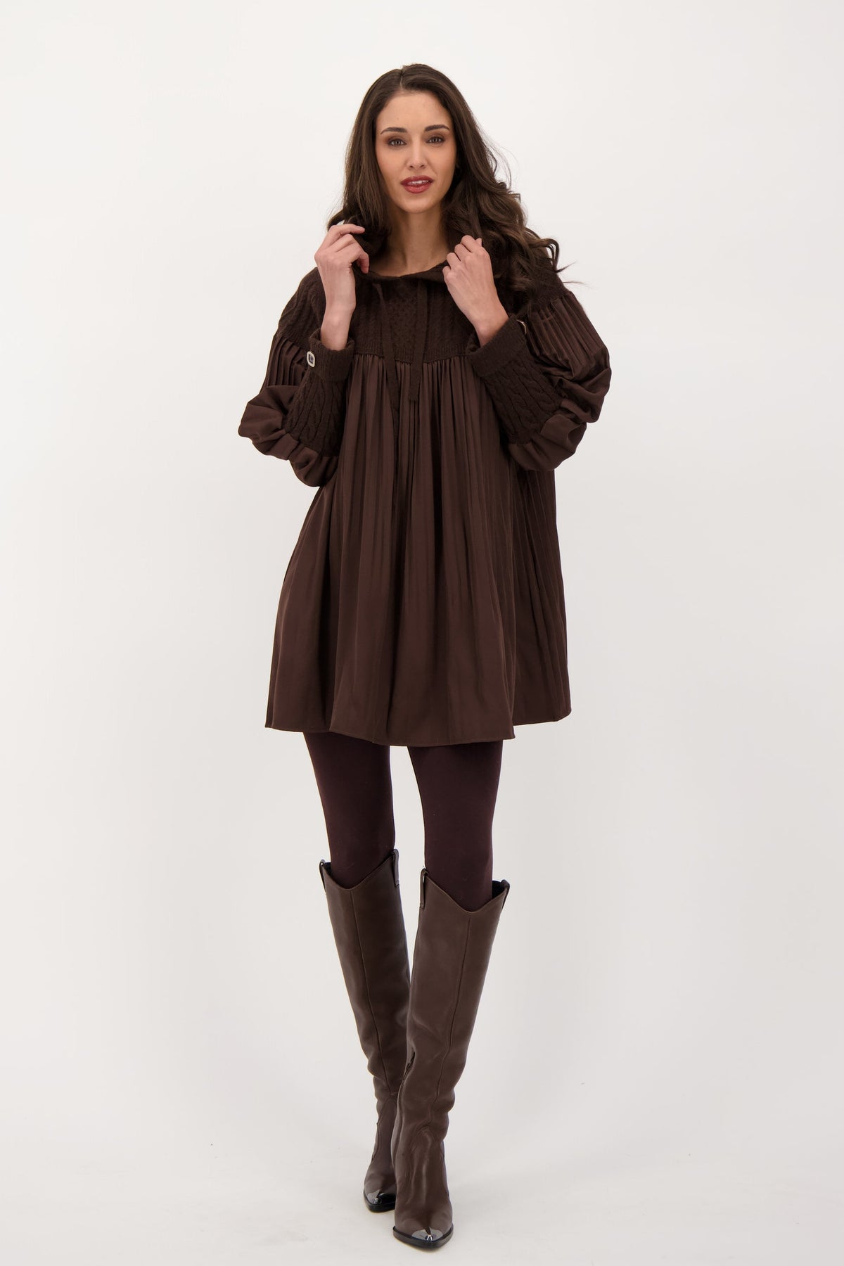 Hooded Cable Knit Pleated Dress