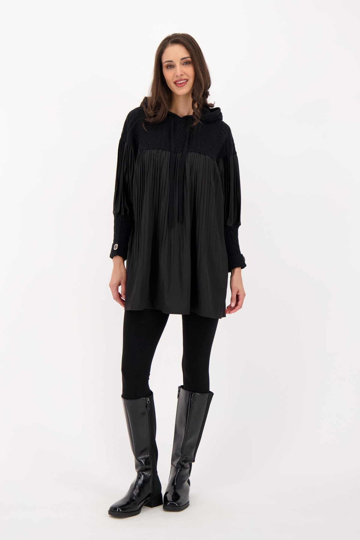 Hooded Cable Knit Pleated Dress
