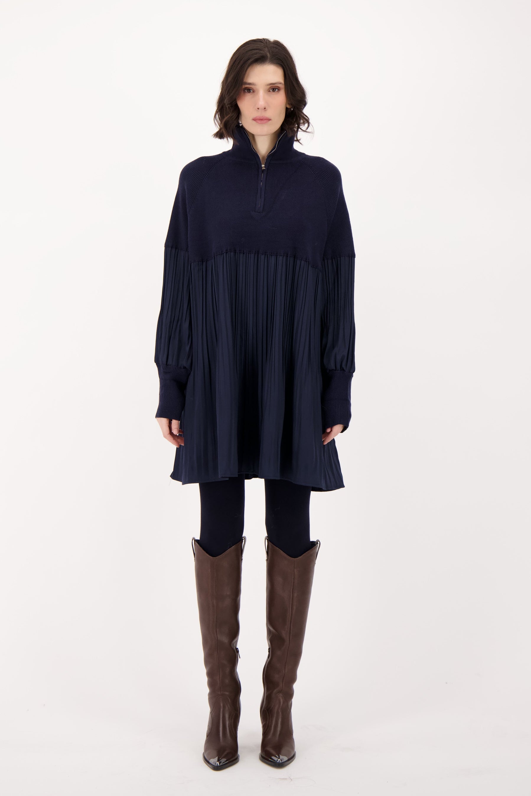 Quarter Zip Front Sweater/Pleated Dress